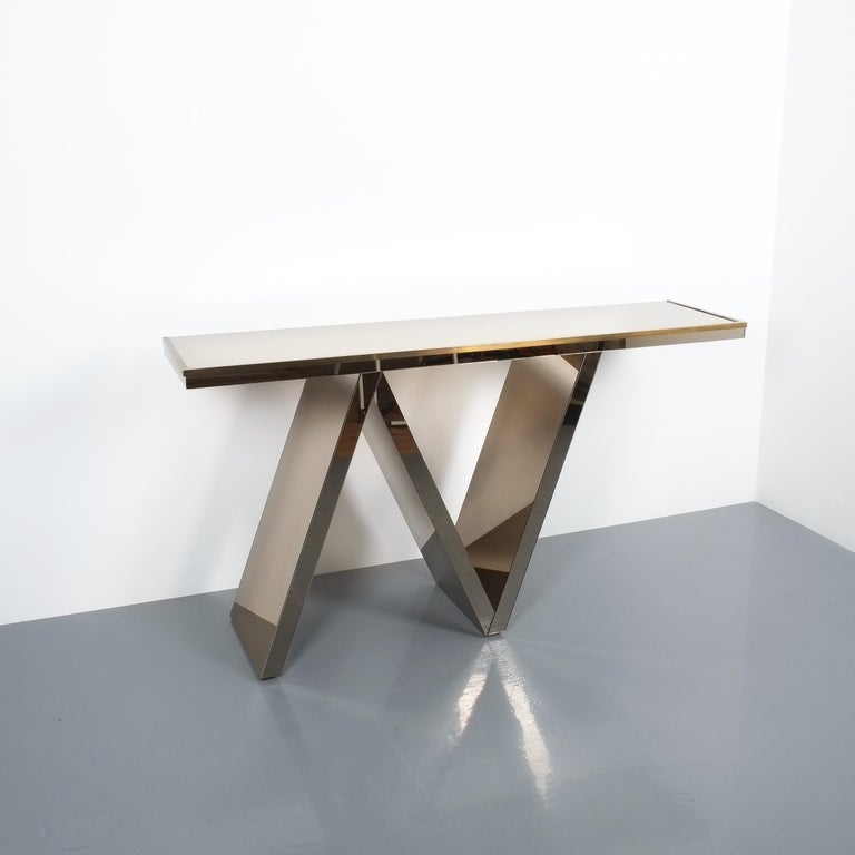 Artisan Zigzag Mirror Brass Console Table Italy, circa 1970 For Sale at