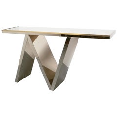 Artisan Zigzag Mirror Brass Console Table Italy, circa 1970