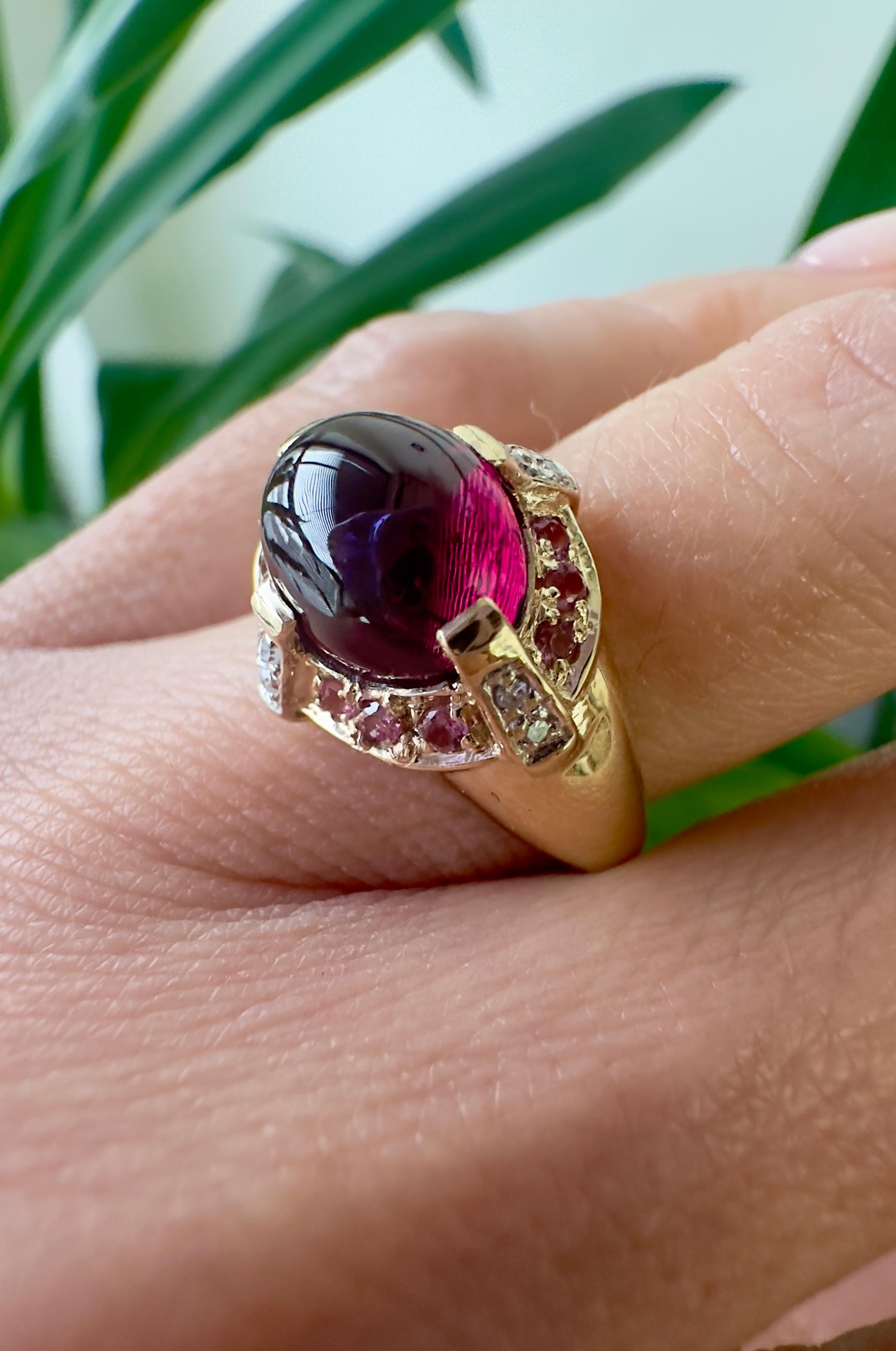 Oval Cut Artisanal 14K Gold and 5.21ct Cabochon Tourmaline Ring For Sale