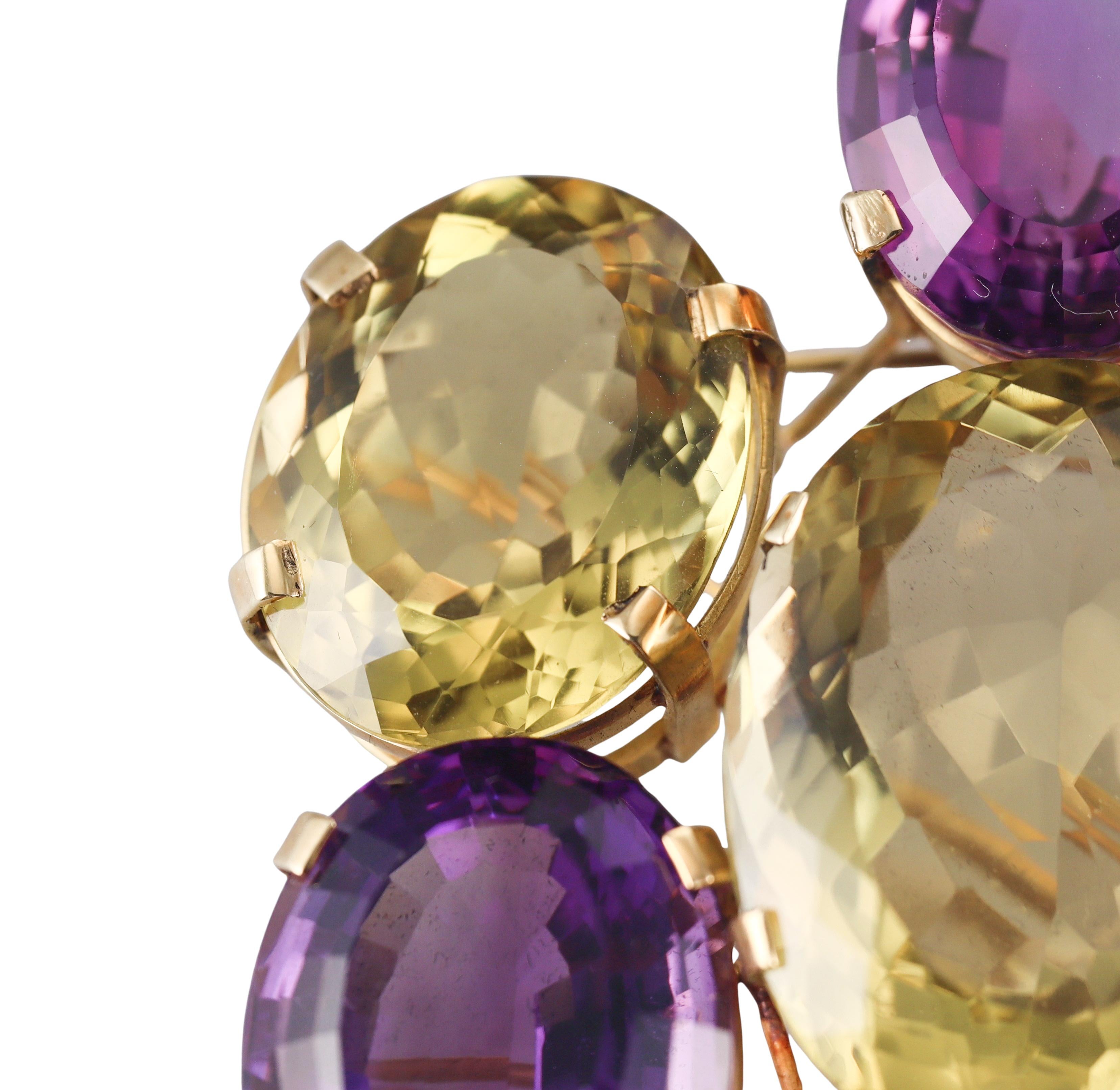 Oval Cut Artisanal Amethyst Citrine Pearl Gold Large Brooch Pendant For Sale