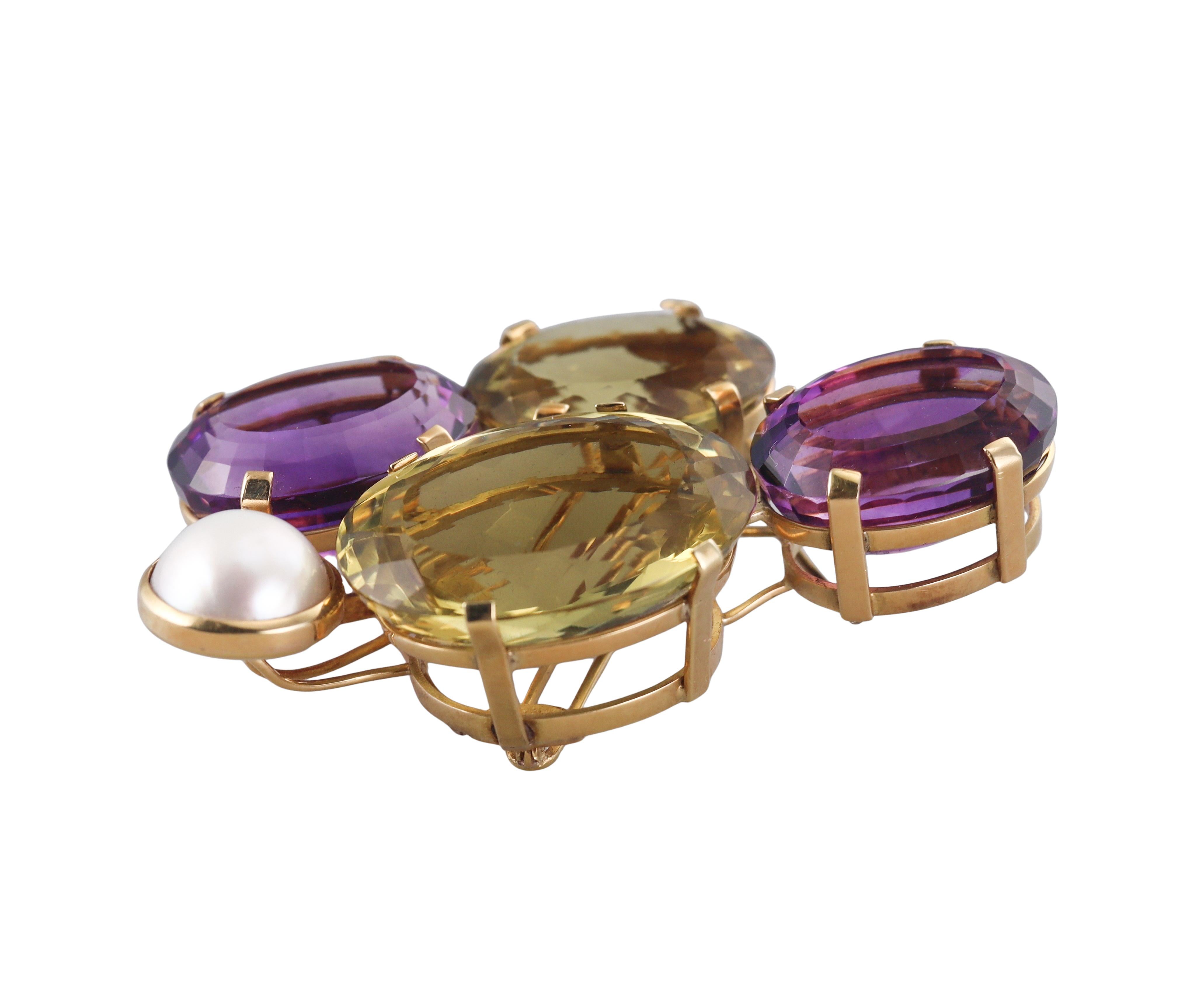 Artisanal Amethyst Citrine Pearl Gold Large Brooch Pendant In Excellent Condition For Sale In New York, NY