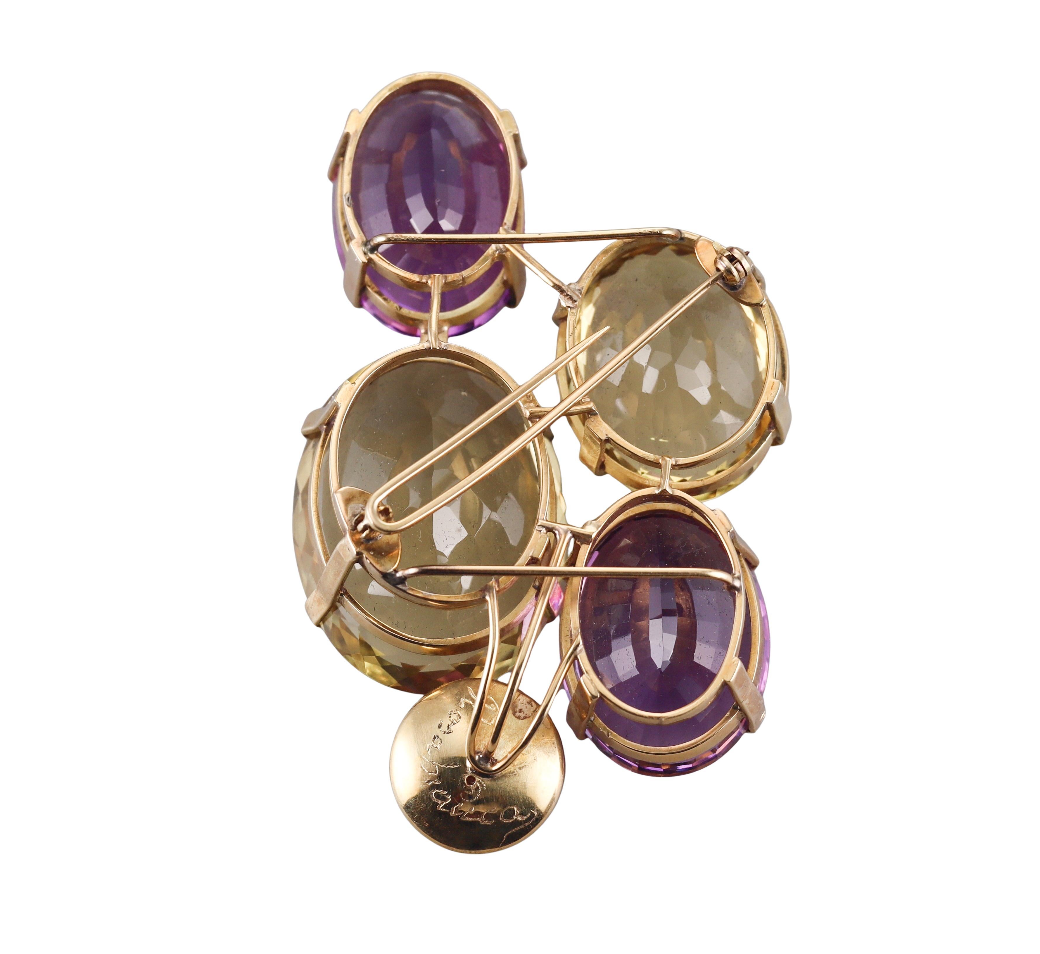 Women's Artisanal Amethyst Citrine Pearl Gold Large Brooch Pendant For Sale