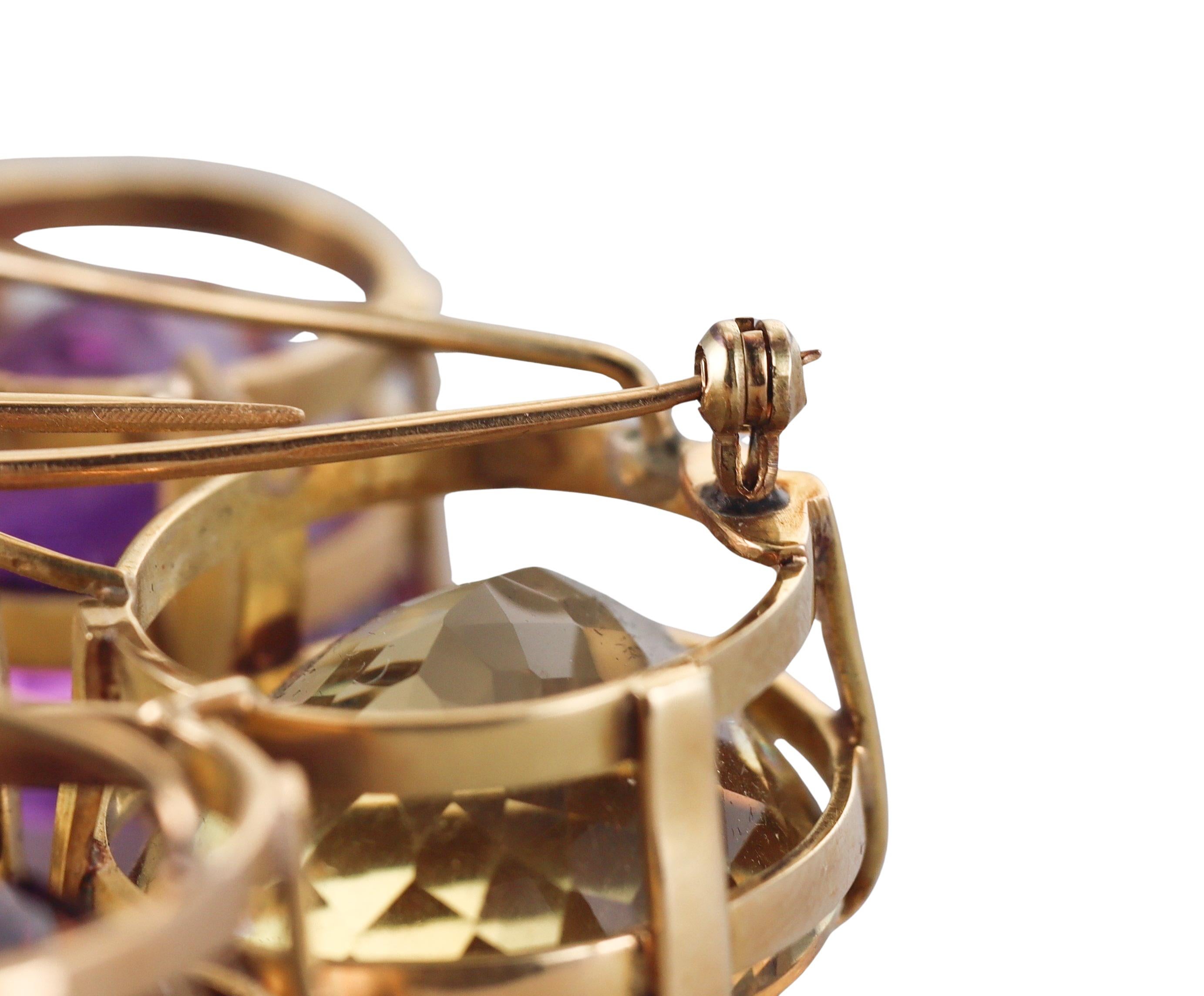 Artisanal Amethyst Citrine Pearl Gold Large Brooch Pendant For Sale 2
