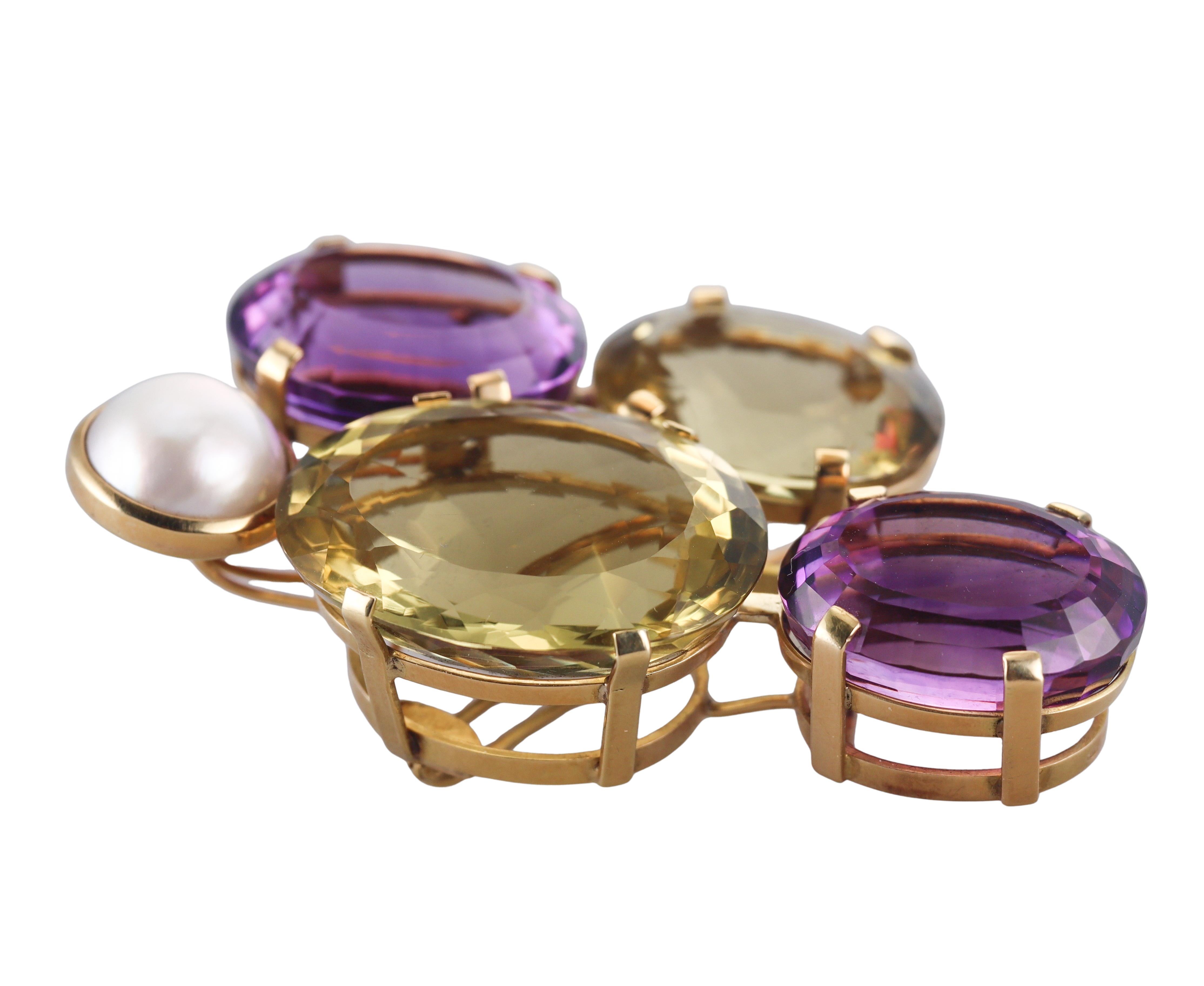 Artisanal Amethyst Citrine Pearl Gold Large Brooch Pendant For Sale 3