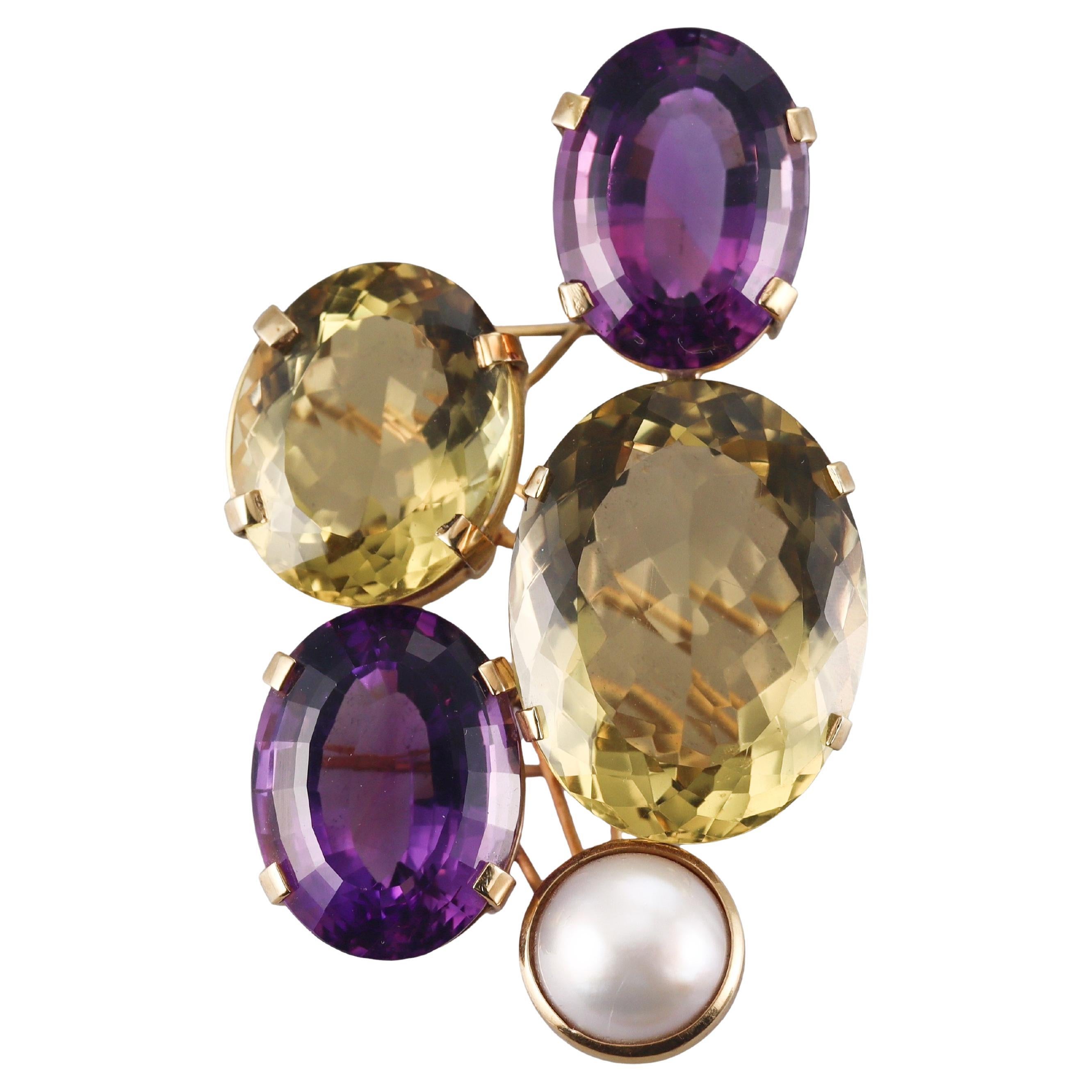 Kunsthandwerkliche Amethyst Citrin Perle Gold große Brosche Anhänger