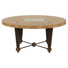 Artisanal Brutalist French Mixed Wood Bronze Table