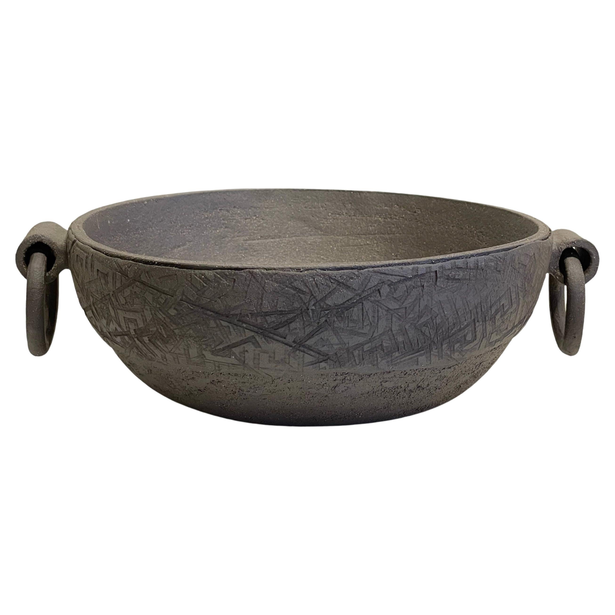 Artisanal Ceramic Centerpiece, Handcrafted Decorative Bowl, Dark Brown