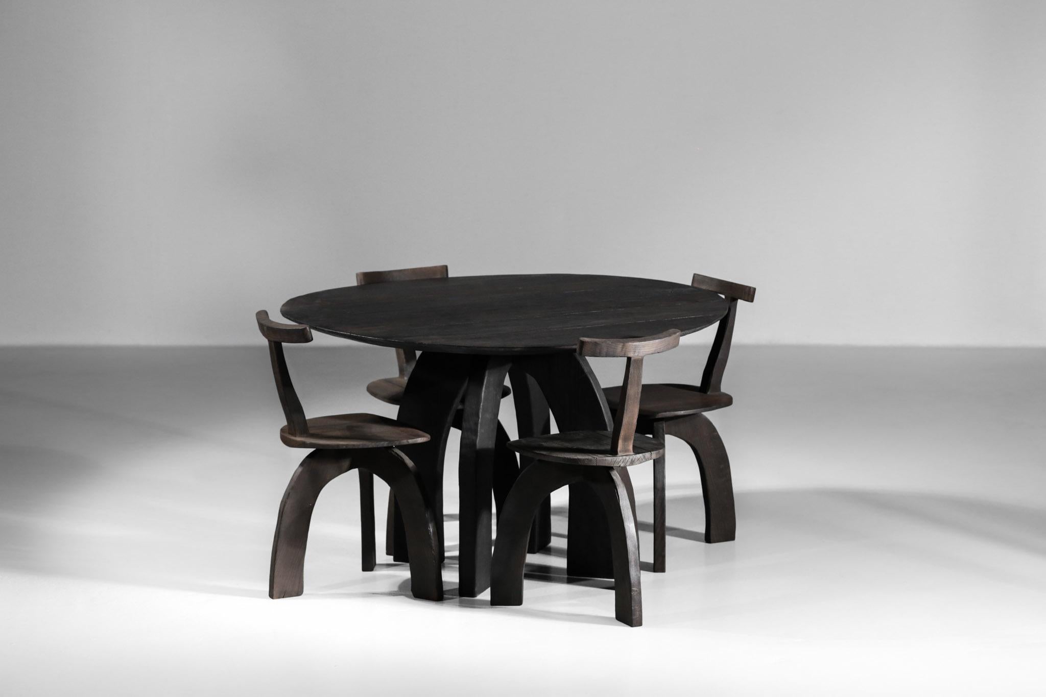 French Artisanal Dining Set Round Table and Chairs by Vincent Vincent 80/20 Burnt Wood For Sale