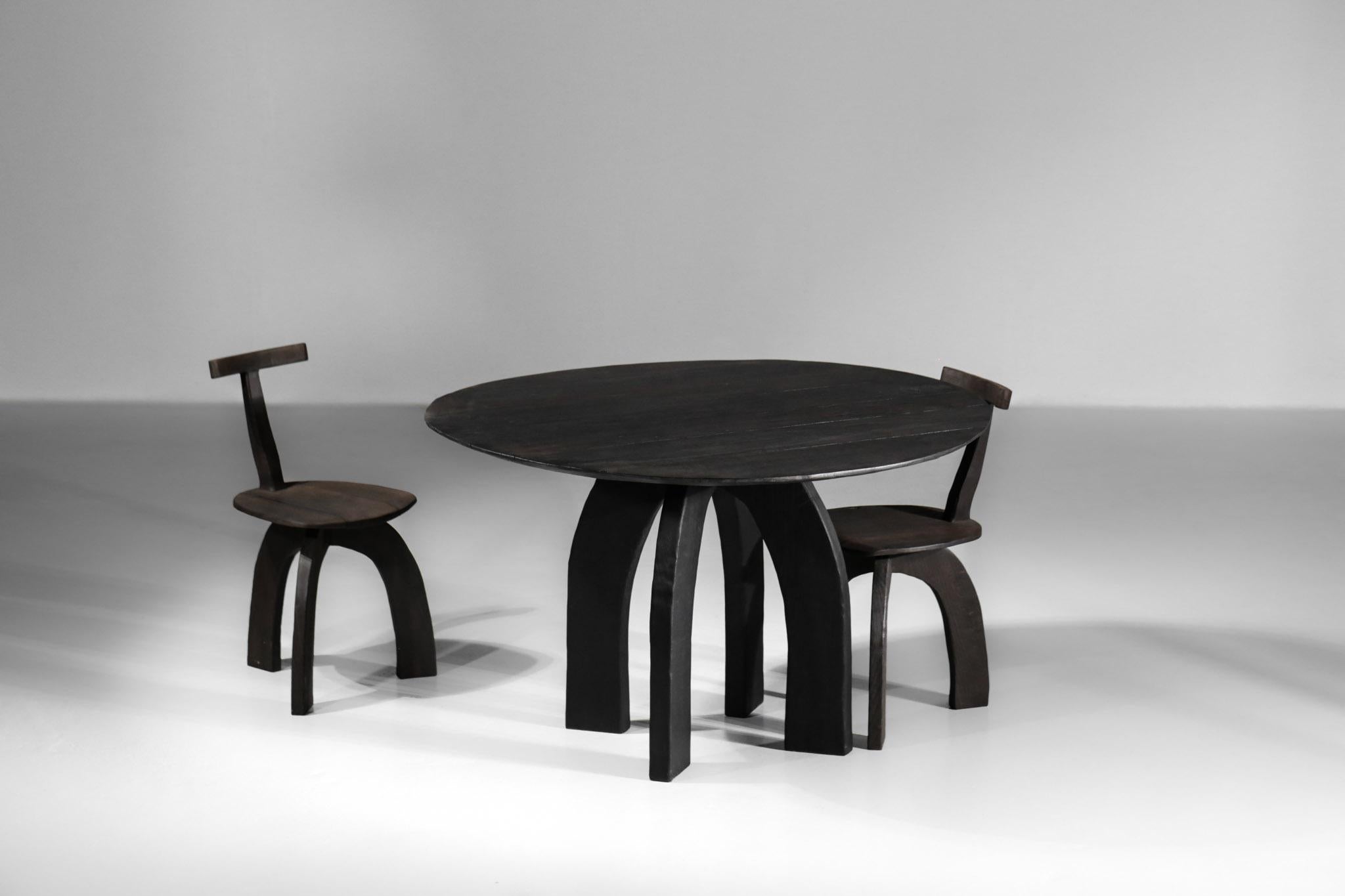 Organic Modern Artisanal Dining Set Round Table and Chairs by Vincent Vincent 80/20 Burnt Wood For Sale