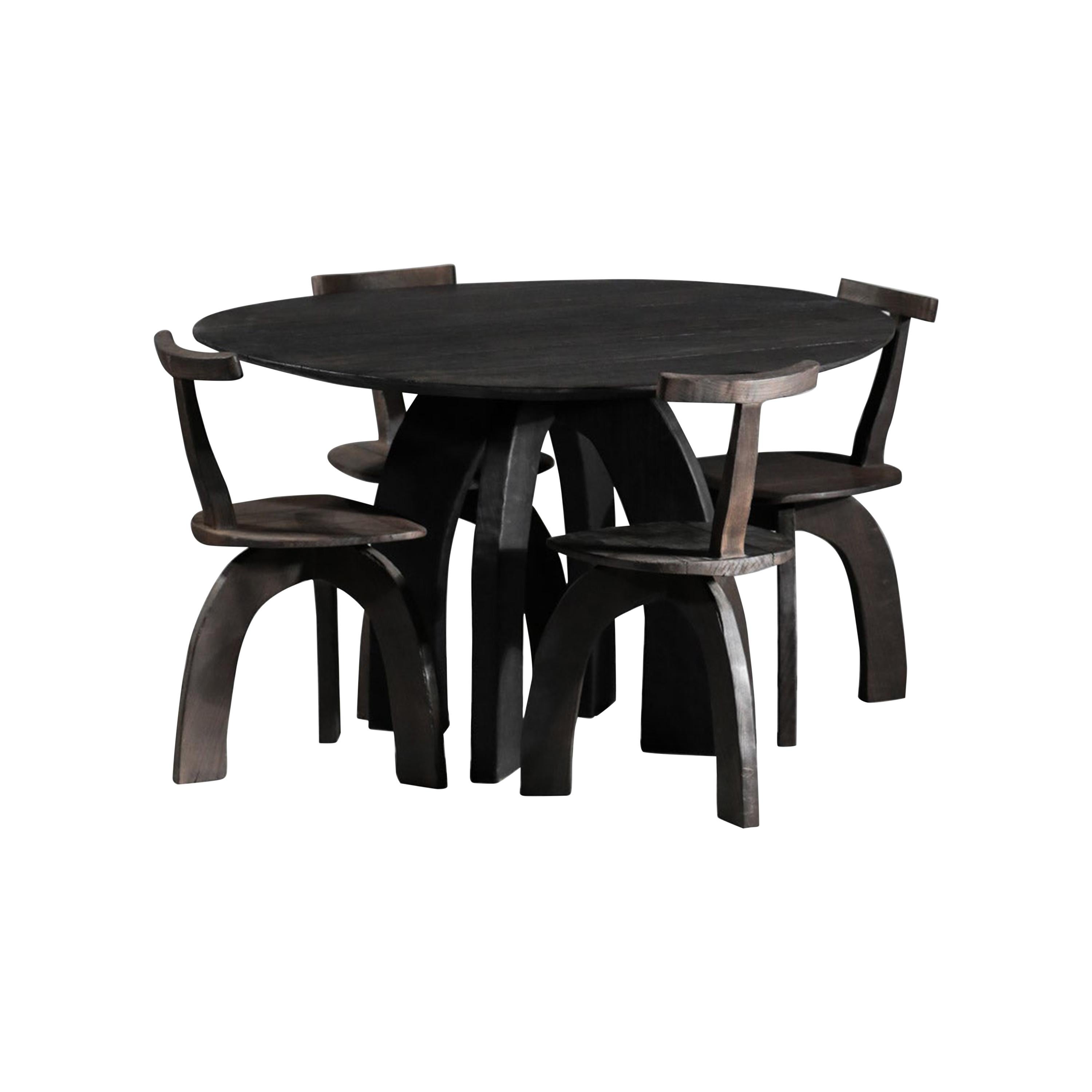 Artisanal Dining Set Round Table and Chairs by Vincent Vincent 80/20 Burnt Wood