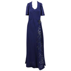 Vintage Artisanal Embroidered Dark Blue Evening Dress