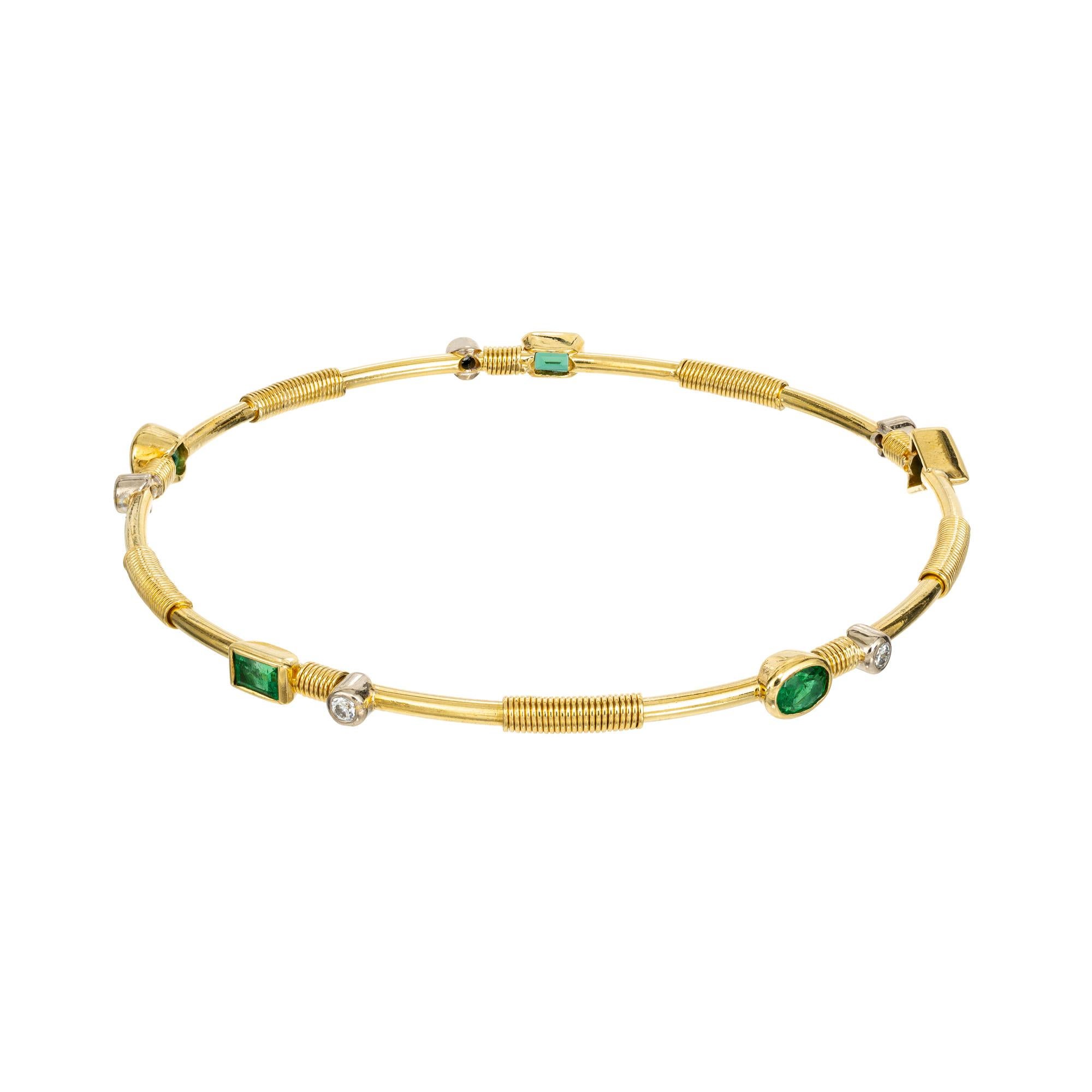 Artisanal Emerald Diamond Yellow Gold Bangle Bracelet  In Good Condition For Sale In Stamford, CT