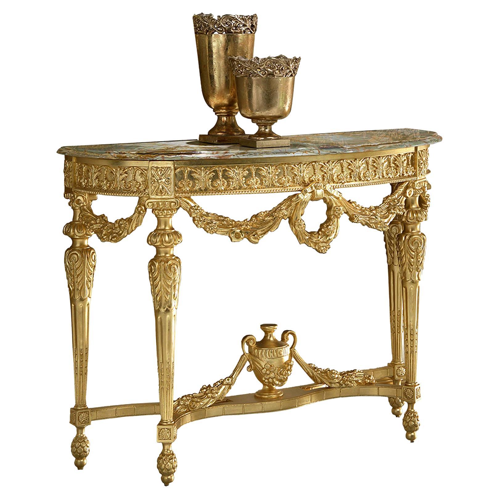 Artisanal Empire Console in Gold Leaf with Marble Top and Handmade Carvings For Sale