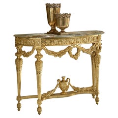 Artisanal Empire Console in Gold Leaf with Marble Top and Handmade Carvings