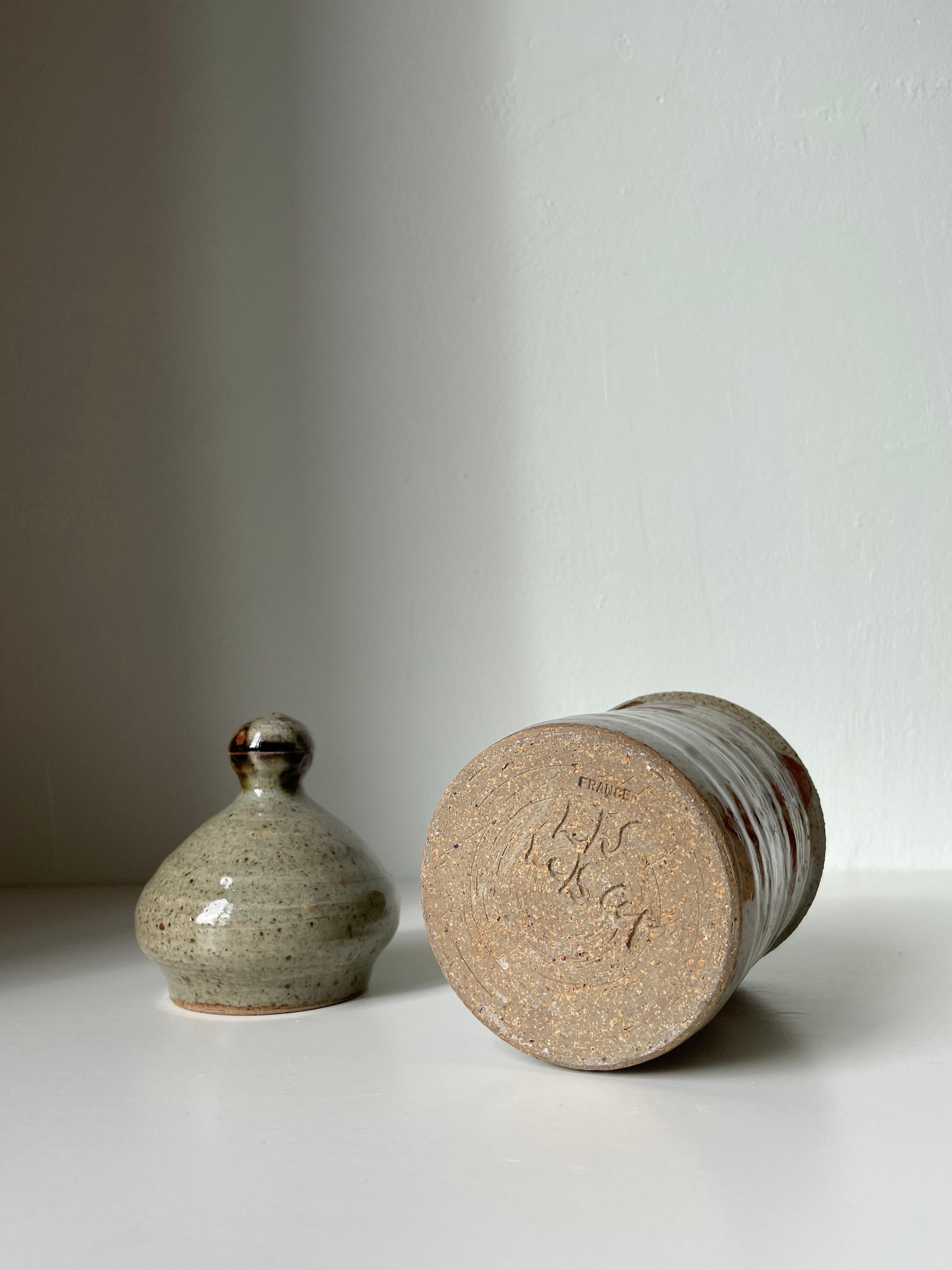 Artisanal French Vintage Ceramic Earthtone Lidded Jar For Sale 7