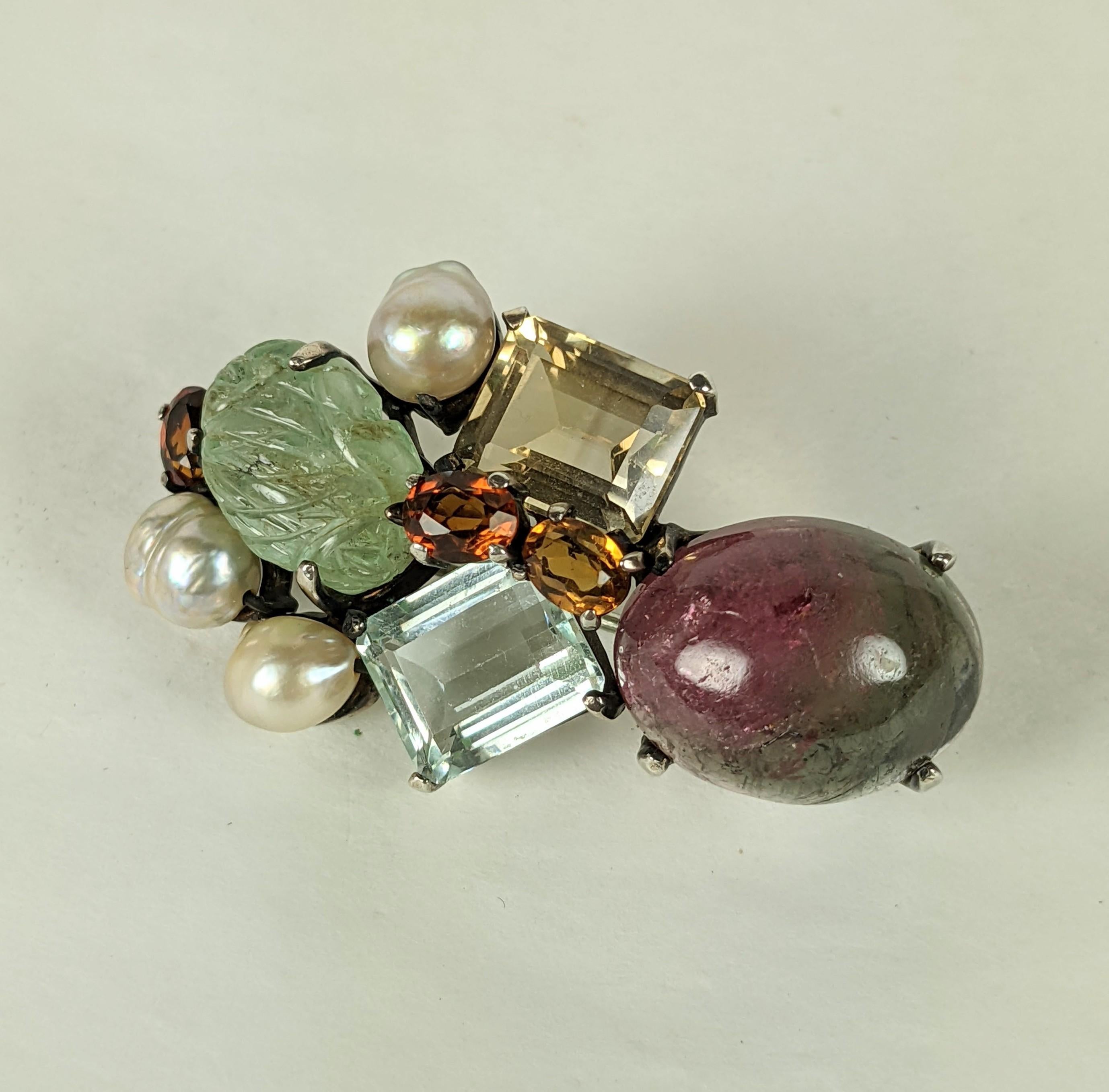 Cabochon Artisanal Gem Set Brooch For Sale