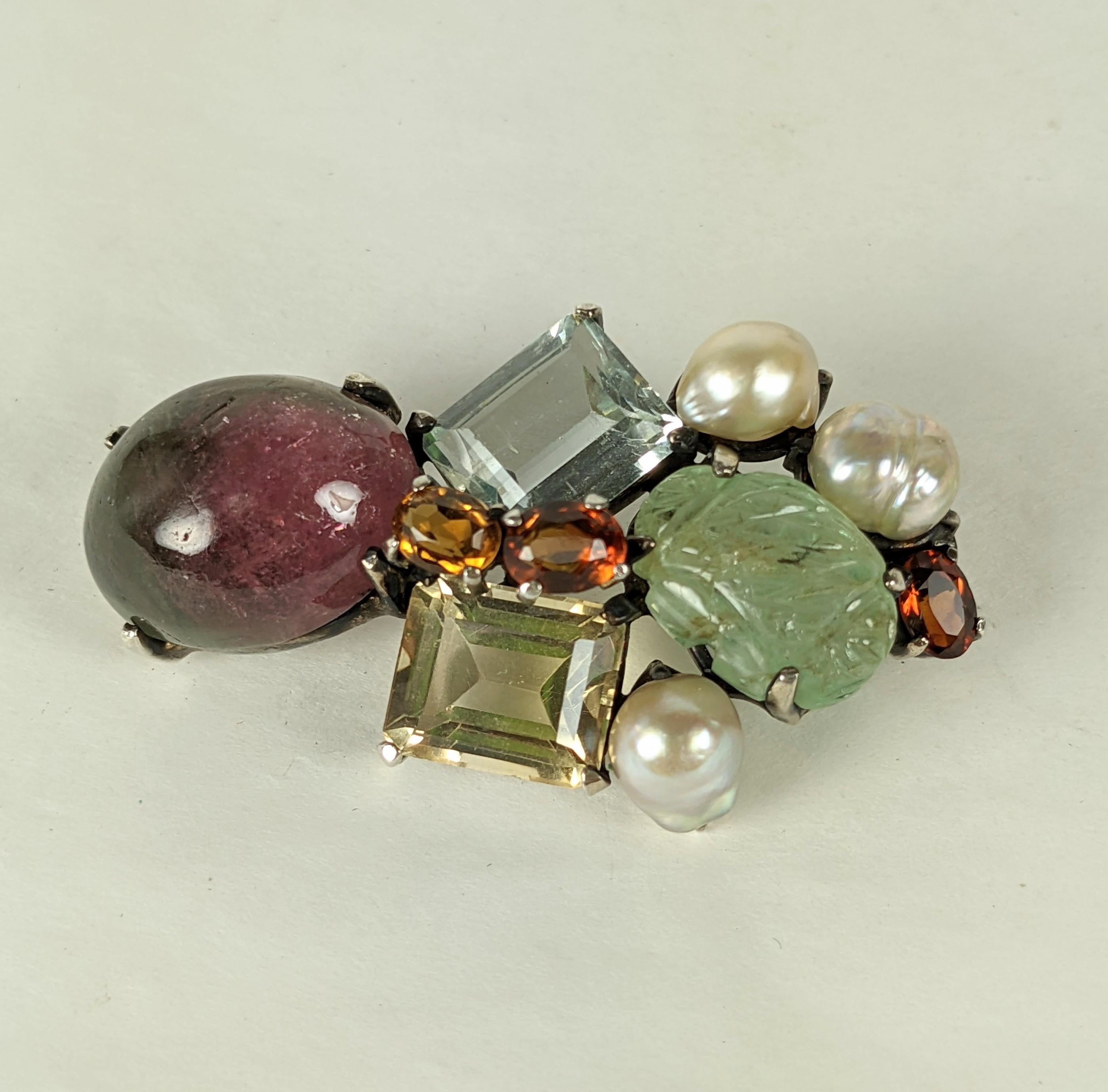 Artisanal Gem Set Brooch In Excellent Condition For Sale In New York, NY