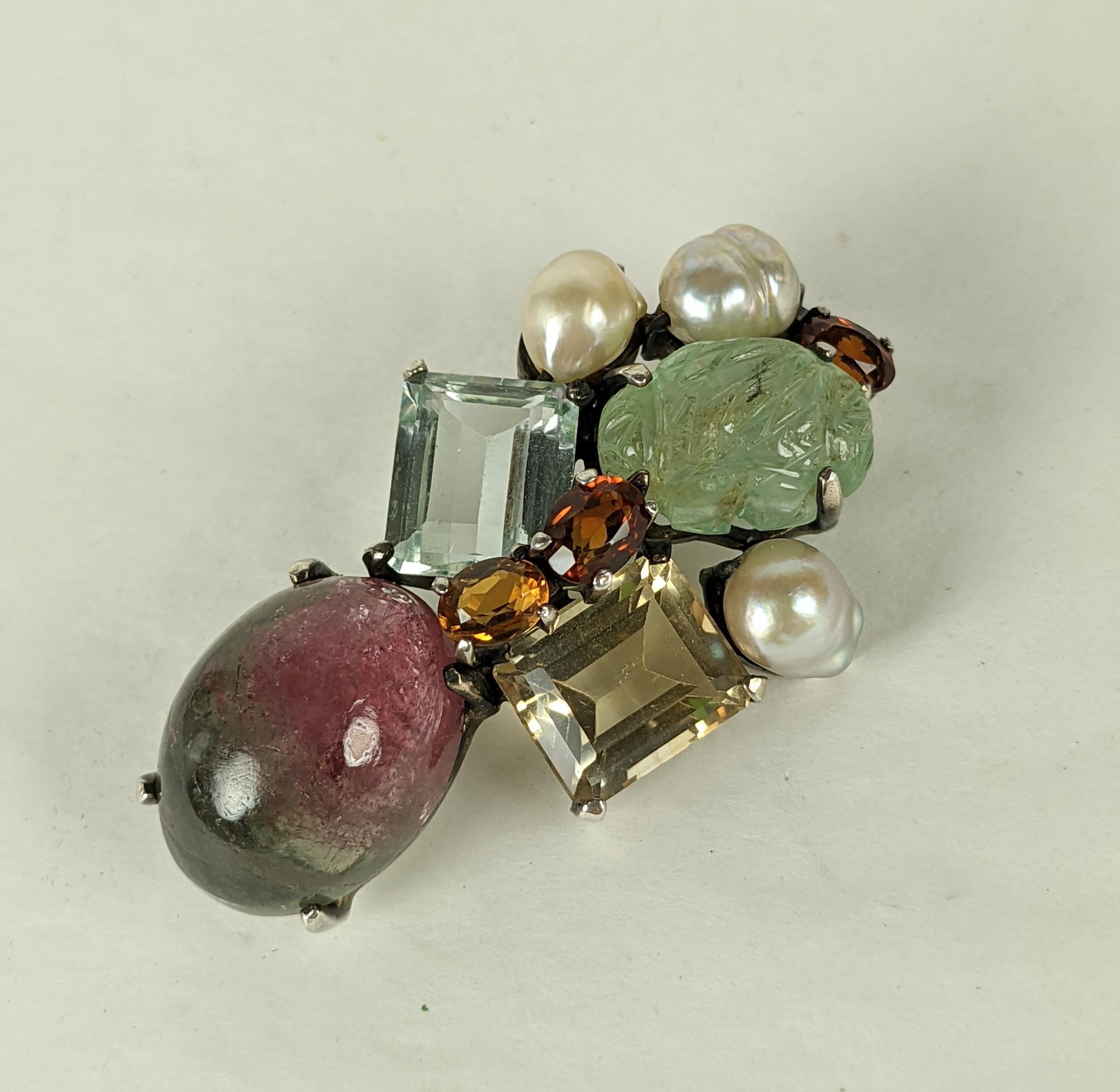 Women's or Men's Artisanal Gem Set Brooch For Sale