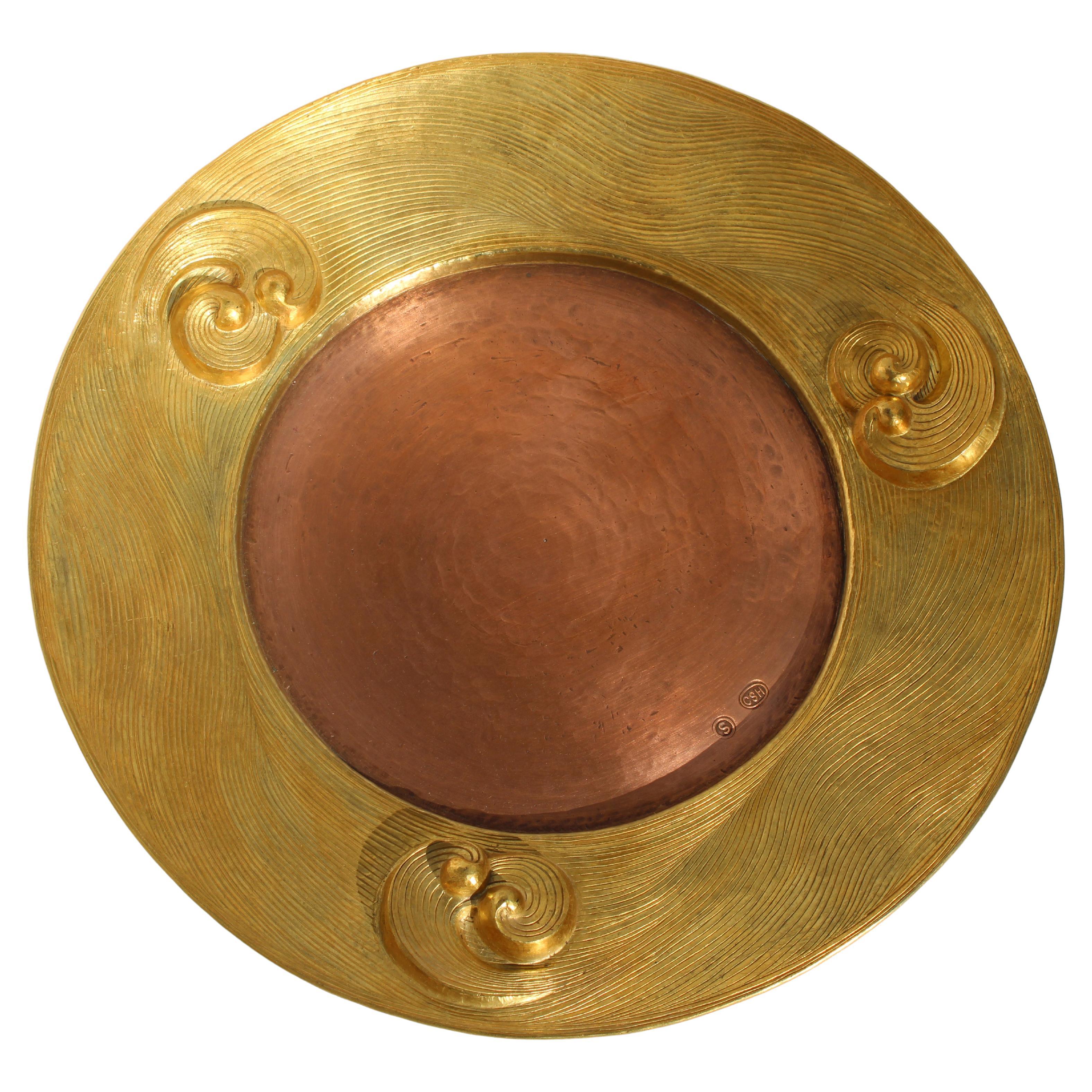 Artisanal Gold Gilded Copper Repoussé Platter from Nepal  For Sale