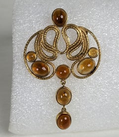 Artisanal Hammered Gold and Citrine Brooch