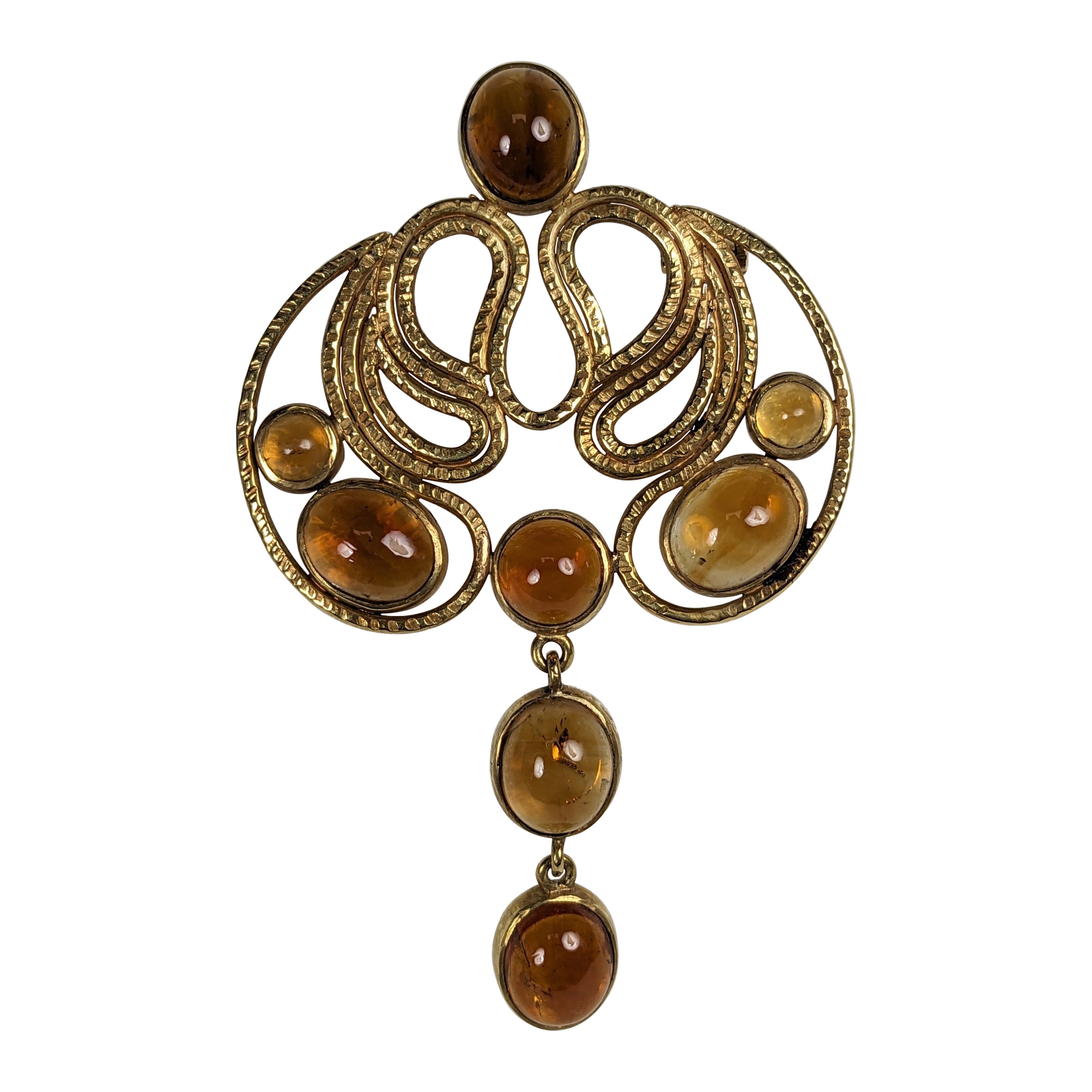 Broche Artesanal de Oro Martillado y Citrino