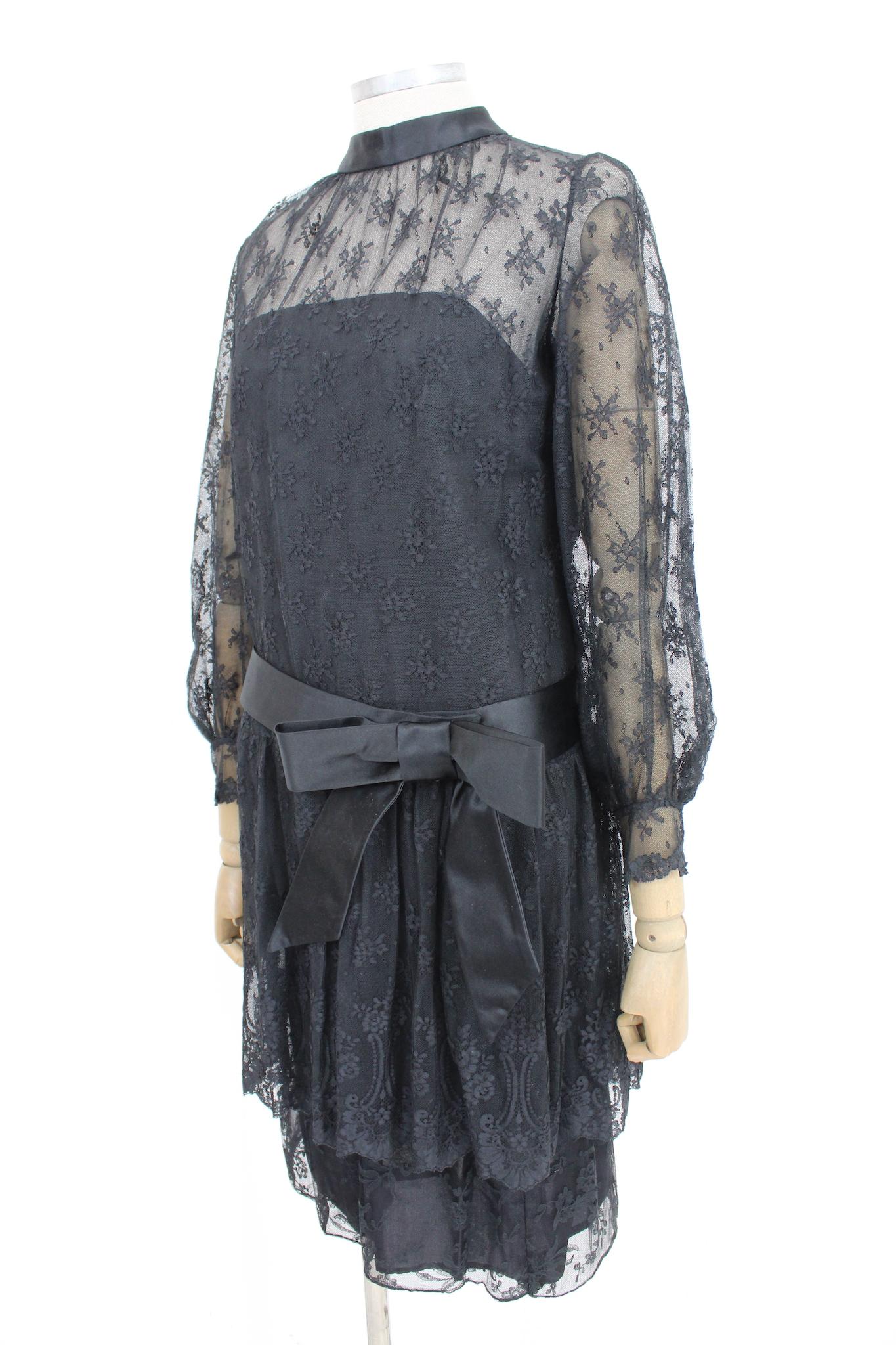 1960s Artisanal Italian Lace Black Evening Dress For Sale 1