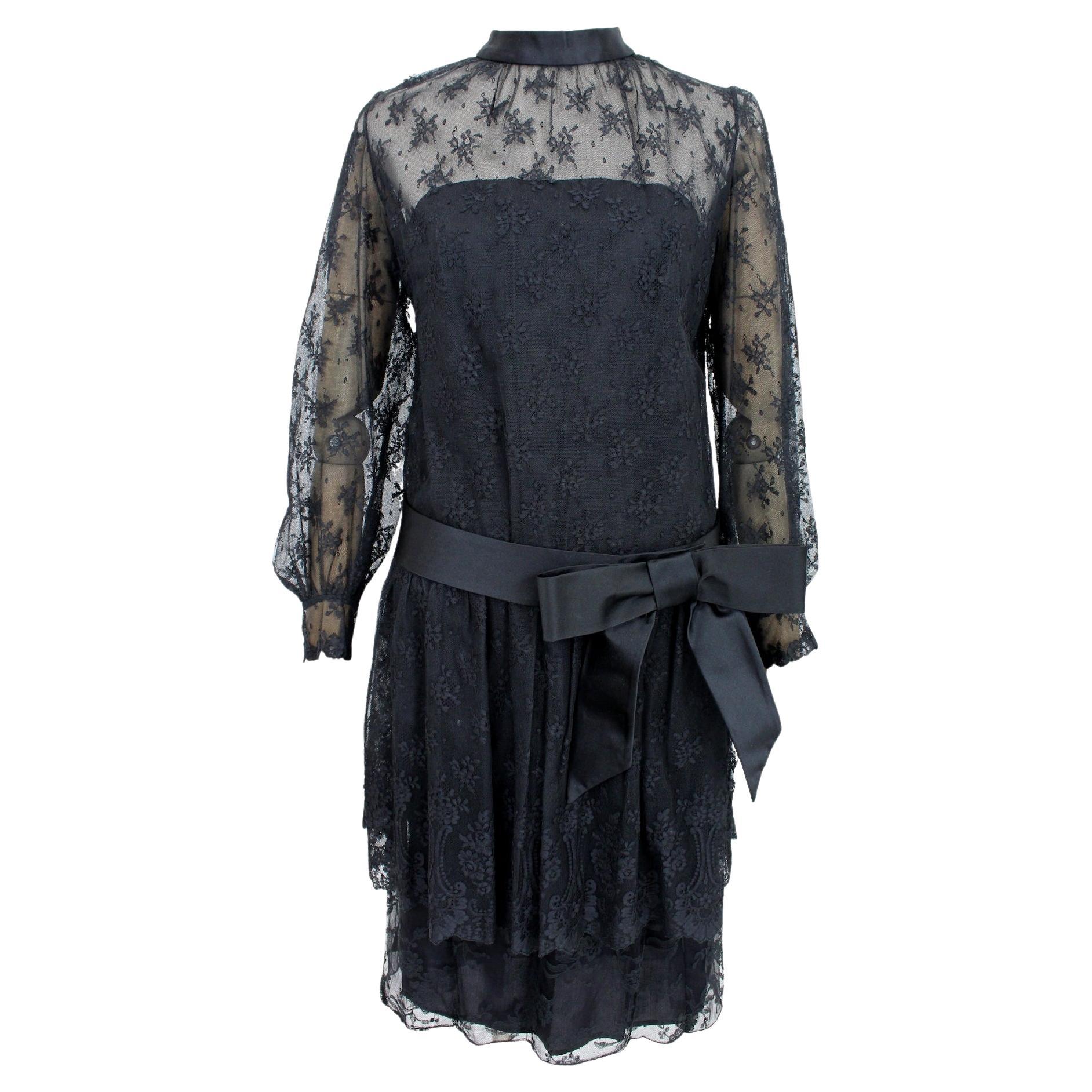 1960s Artisanal Italian Lace Black Evening Dress