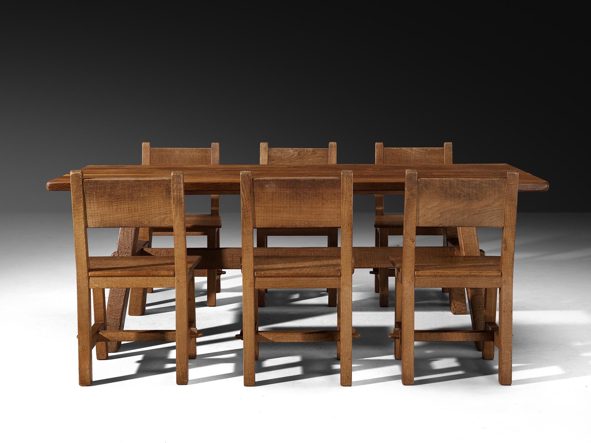 European Artisanal Mid-Century Dining Set Consisting Chairs and Table in Oak For Sale