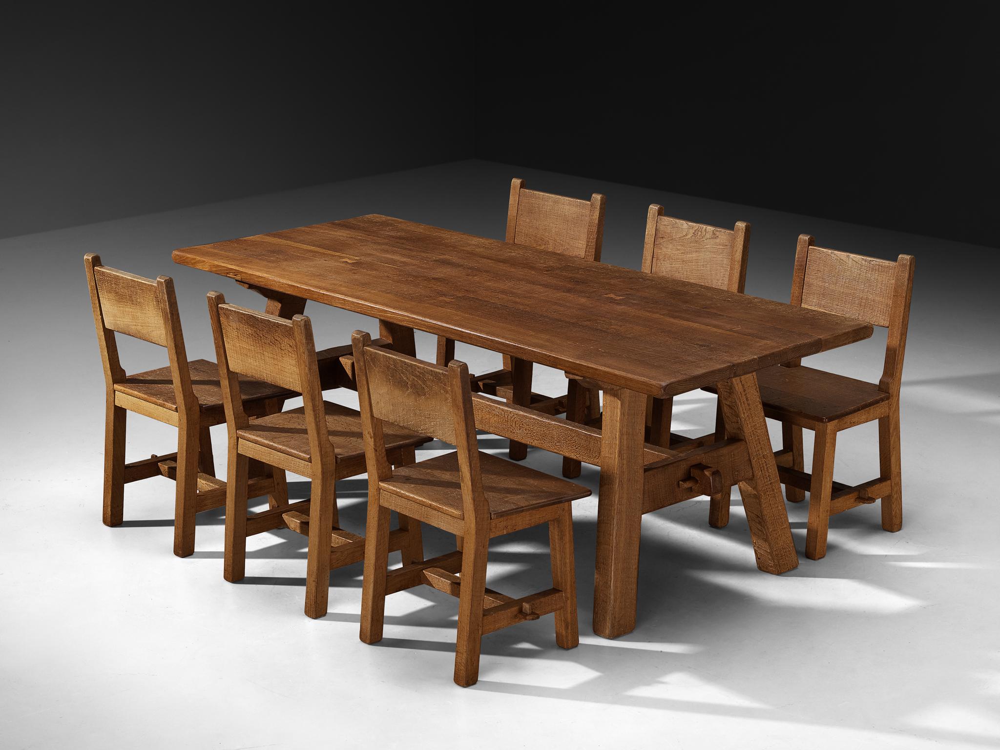 Mid-20th Century Artisanal Mid-Century Dining Set Consisting Chairs and Table in Oak For Sale