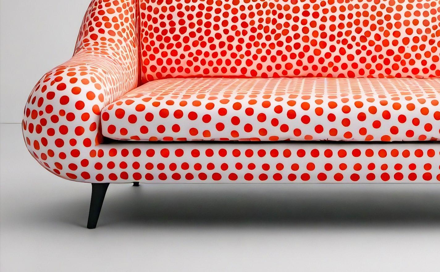 Mid-Century Modern Canapé 3 places artisanal Polkadot Peach avec pieds en bois en vente