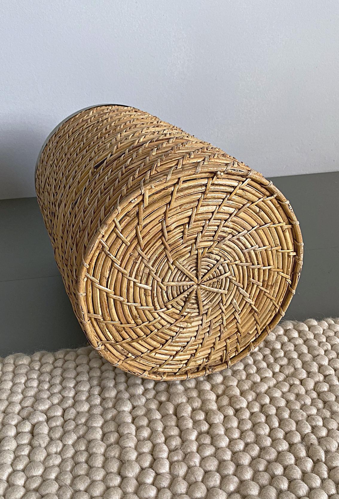 French Artisanal Rattan and Brass Umbrella Stand or Waste Basket, 1950s, France