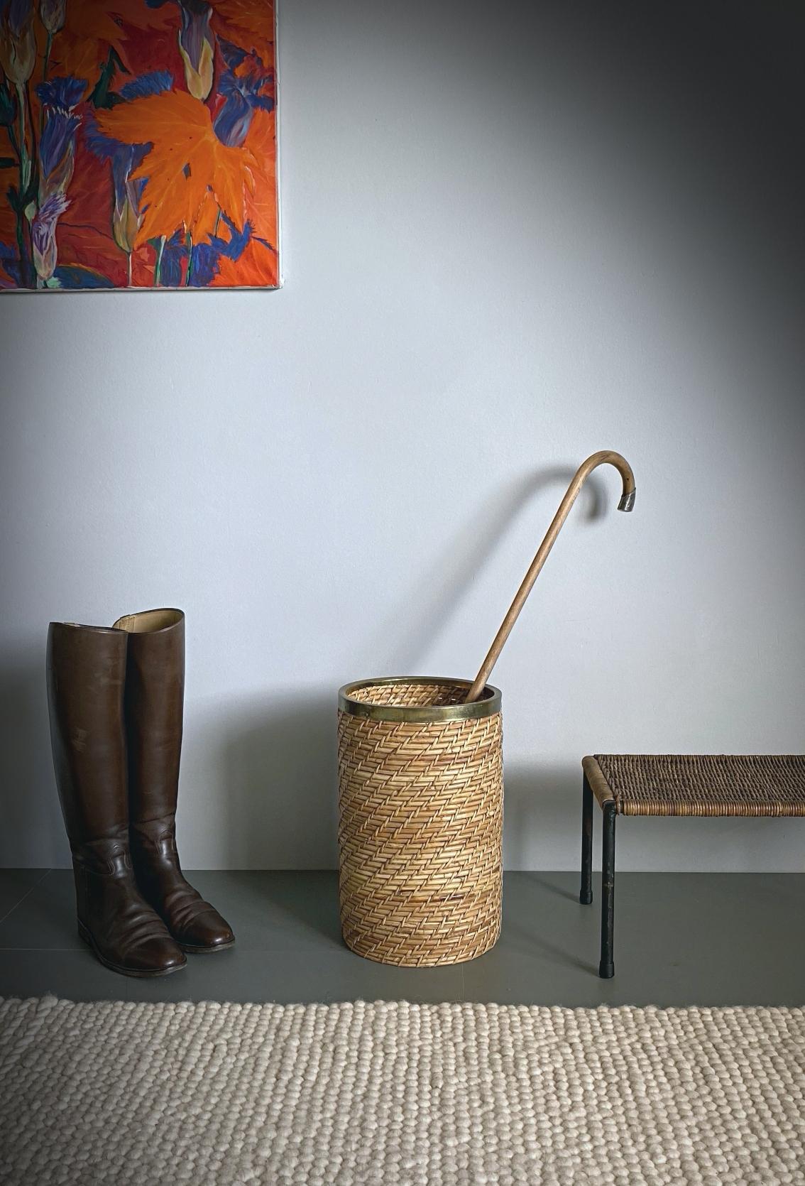 Hand-Crafted Artisanal Rattan and Brass Umbrella Stand or Waste Basket, 1950s, France