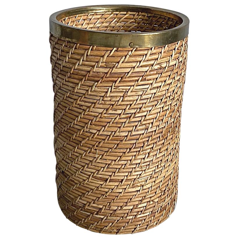 Artisanal Rattan and Brass Umbrella Stand or Waste Basket, 1950s, France