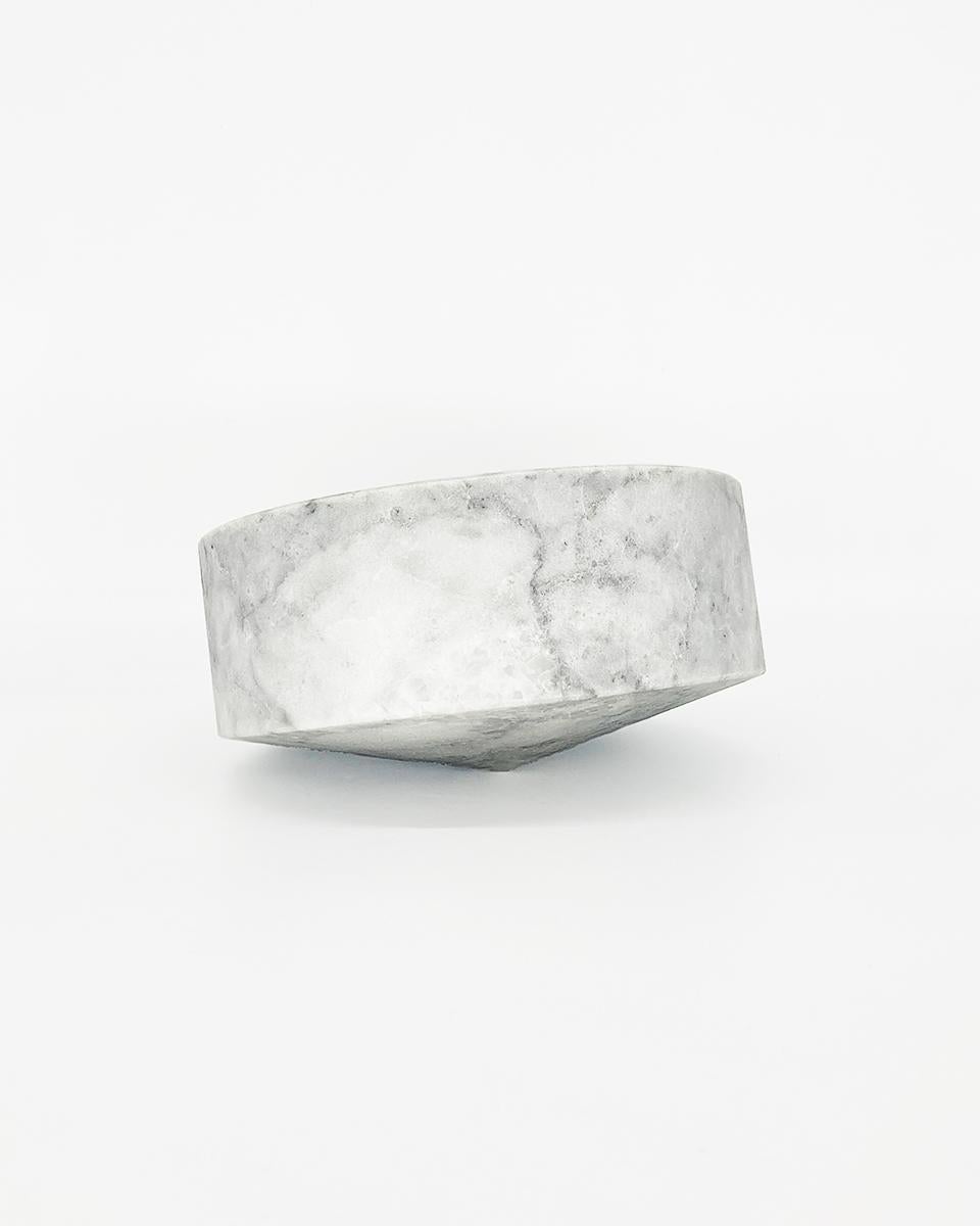 Contemporary Artisanal Solid White Marble Minimalist Talayot Bowl, Large, in Stock For Sale