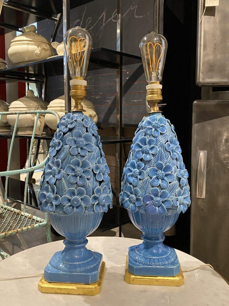 Imaginative, stunning and eye-catching tall lamp. Formed beautifully in handsome turquoise blue glazed ceramic, and standing on a square base which is painted gold. Delicately handmade by an artisan in Spain, with rich foliage and floral