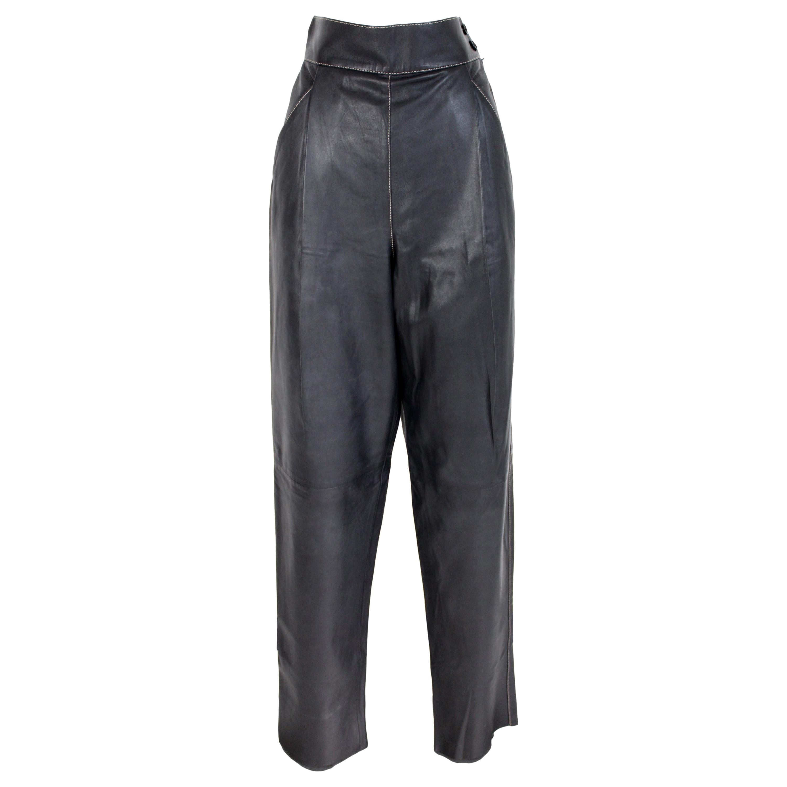 Artisanal Vintage Black Leather Biker Trousers 1980s