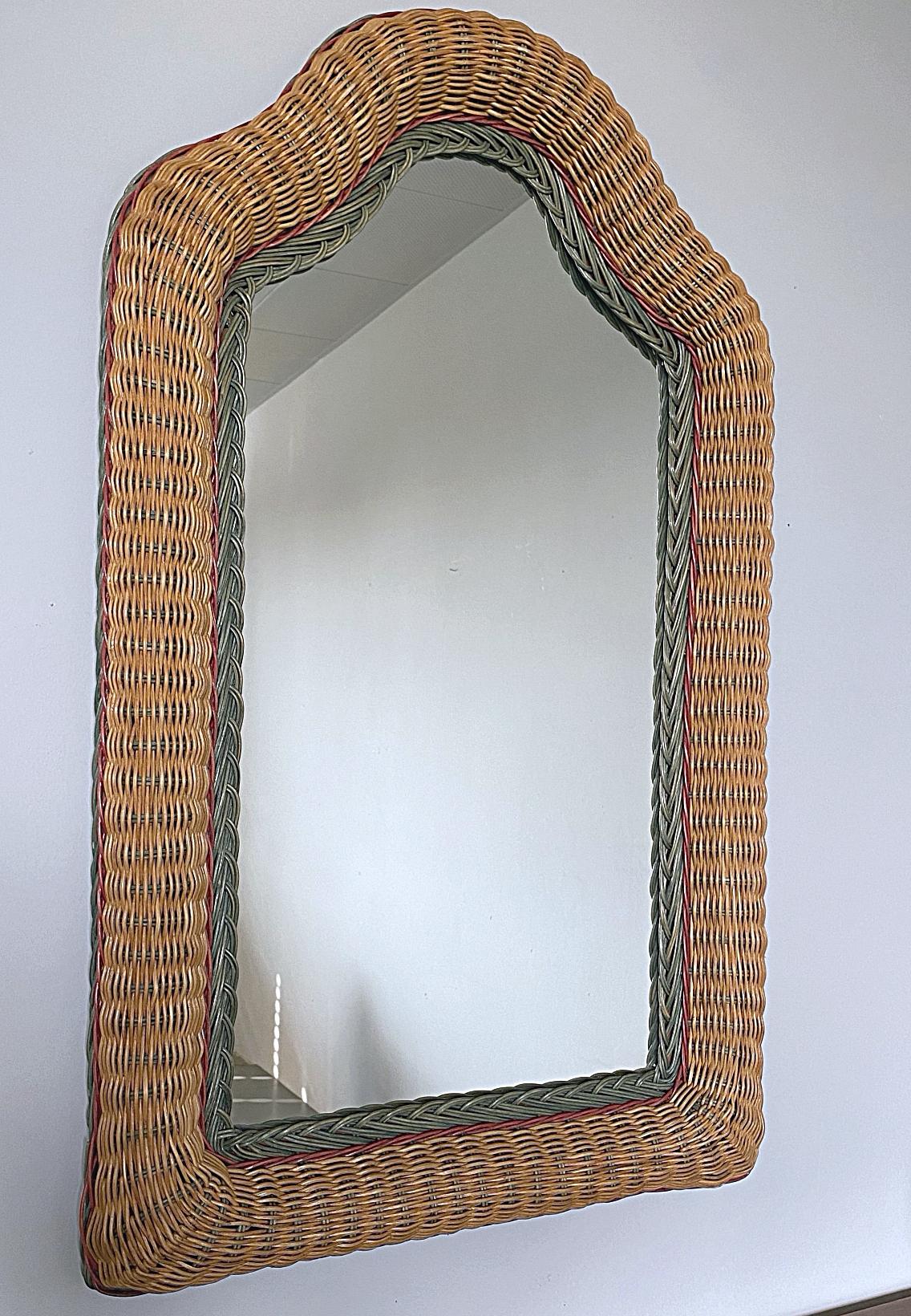 Mid-Century Modern Artisanal Wicker Rattan Midcentury Arched Wall Mirror, 1960s, France