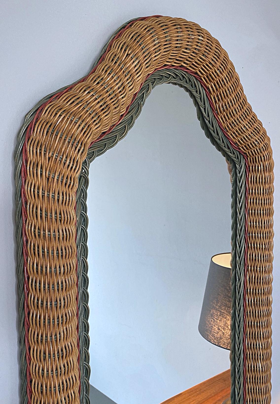 French Artisanal Wicker Rattan Midcentury Arched Wall Mirror, 1960s, France