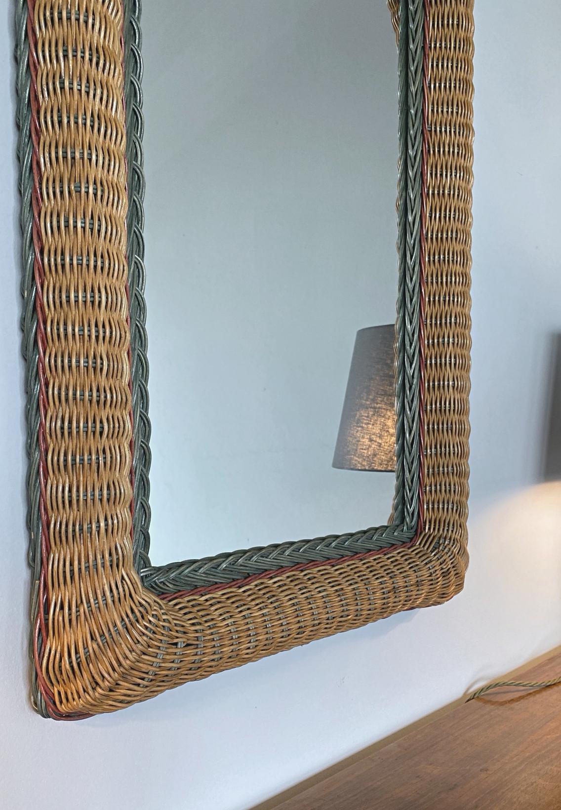 Hand-Crafted Artisanal Wicker Rattan Midcentury Arched Wall Mirror, 1960s, France