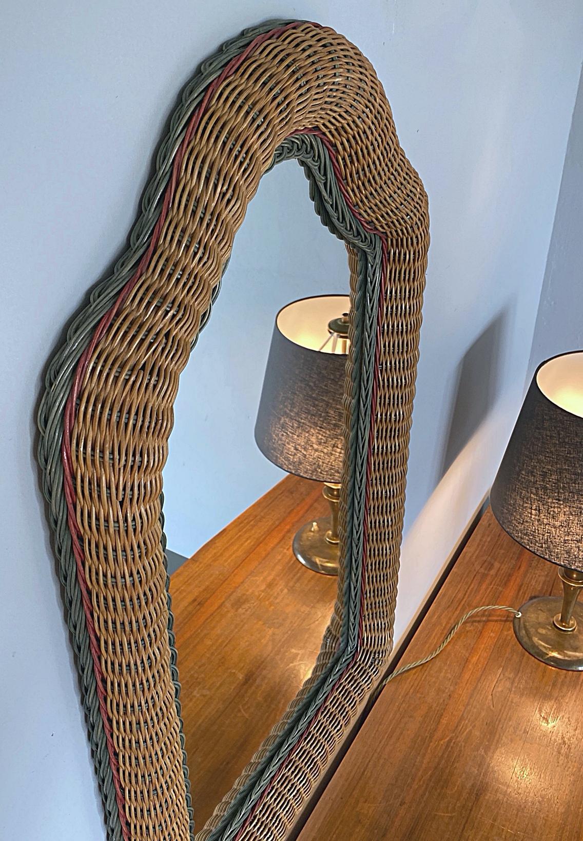 French Artisanal Wicker Rattan Midcentury Arched Wall Mirror, 1960s, France For Sale