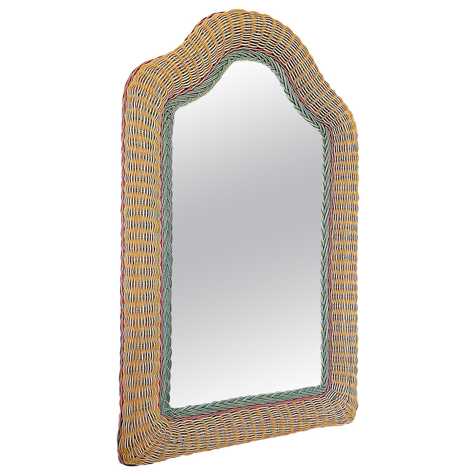 Artisanal Wicker Rattan Midcentury Arched Wall Mirror, 1960s, France