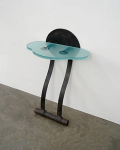 Artisanal Wrought Iron and Cast Glass Leaning Console Table