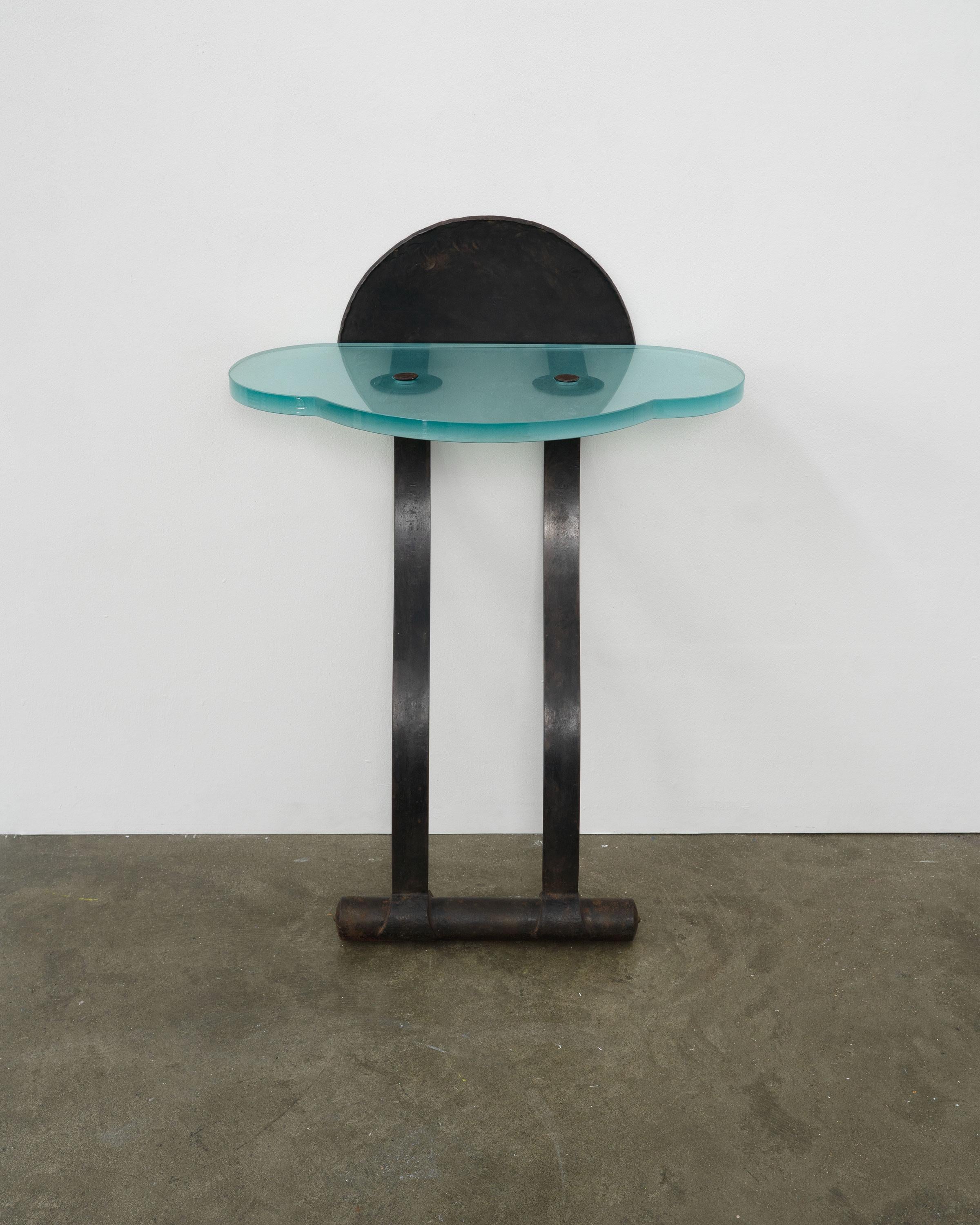 Post-Modern Artisanal Wrought Iron and Cast Glass Leaning Console Table For Sale