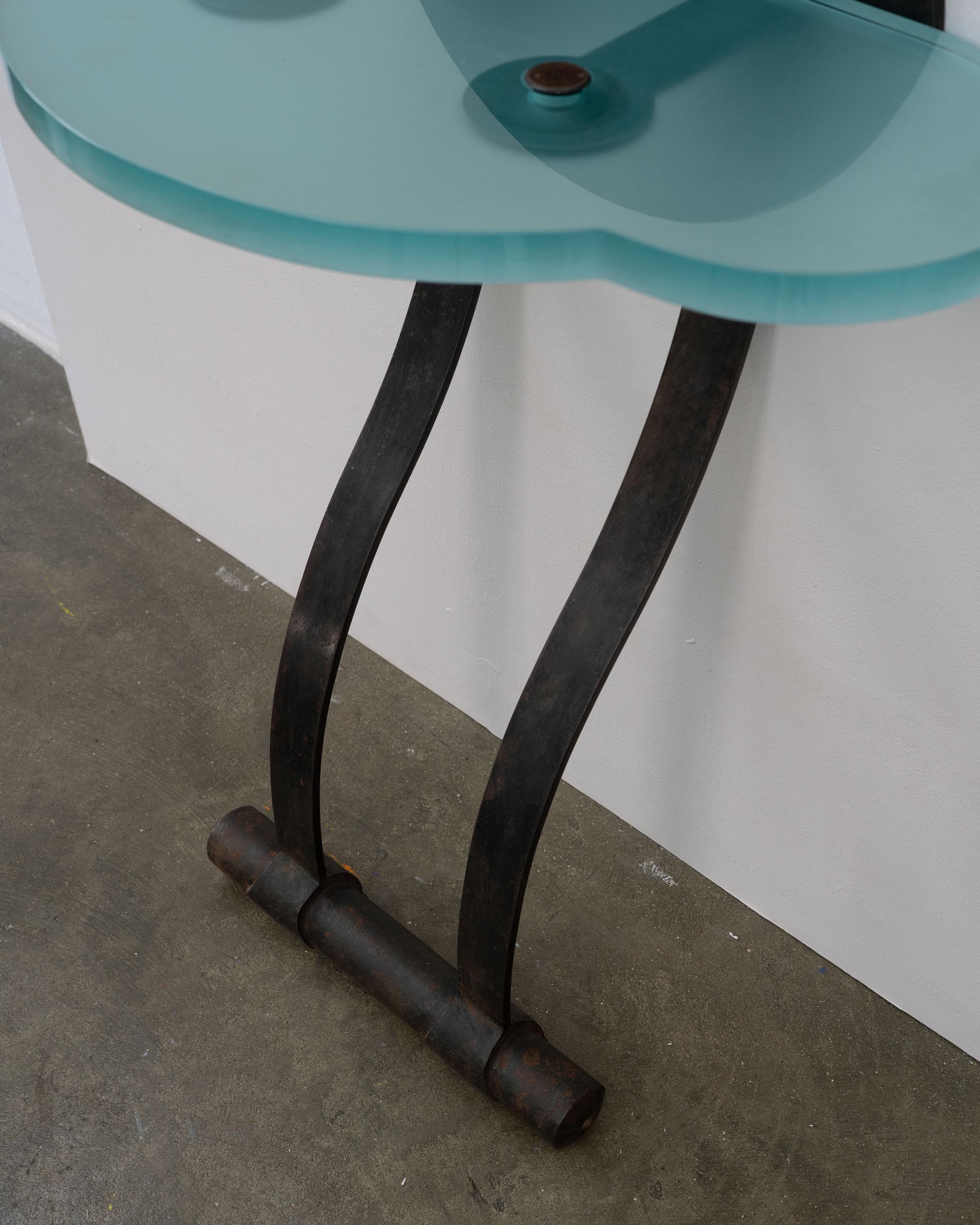 20th Century Artisanal Wrought Iron and Cast Glass Leaning Console Table For Sale