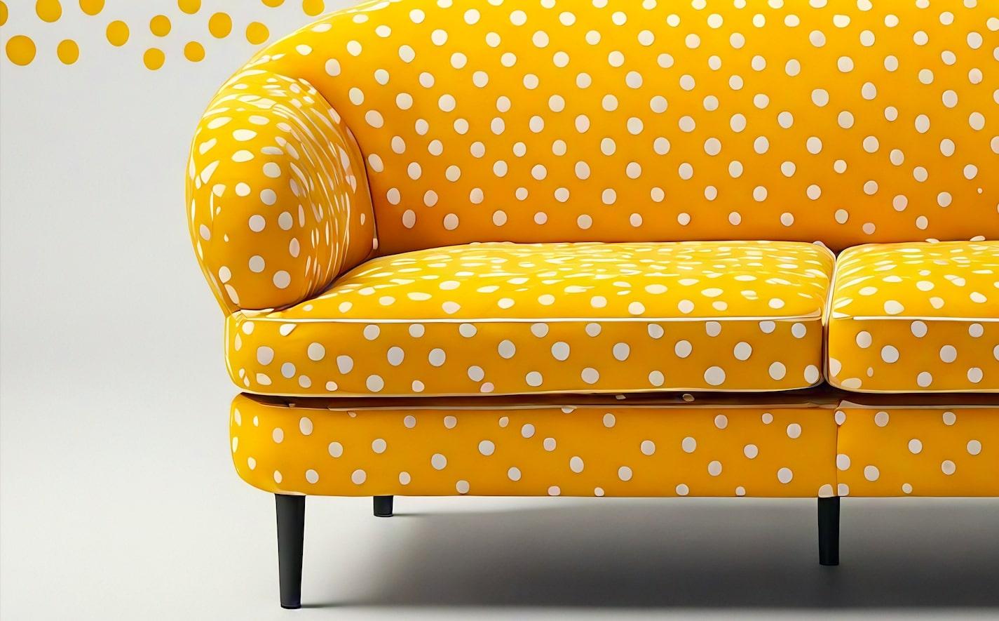 Mid-Century Modern Artisanal Mustard Yellow Polkadot 3 Seater Sofa For Sale