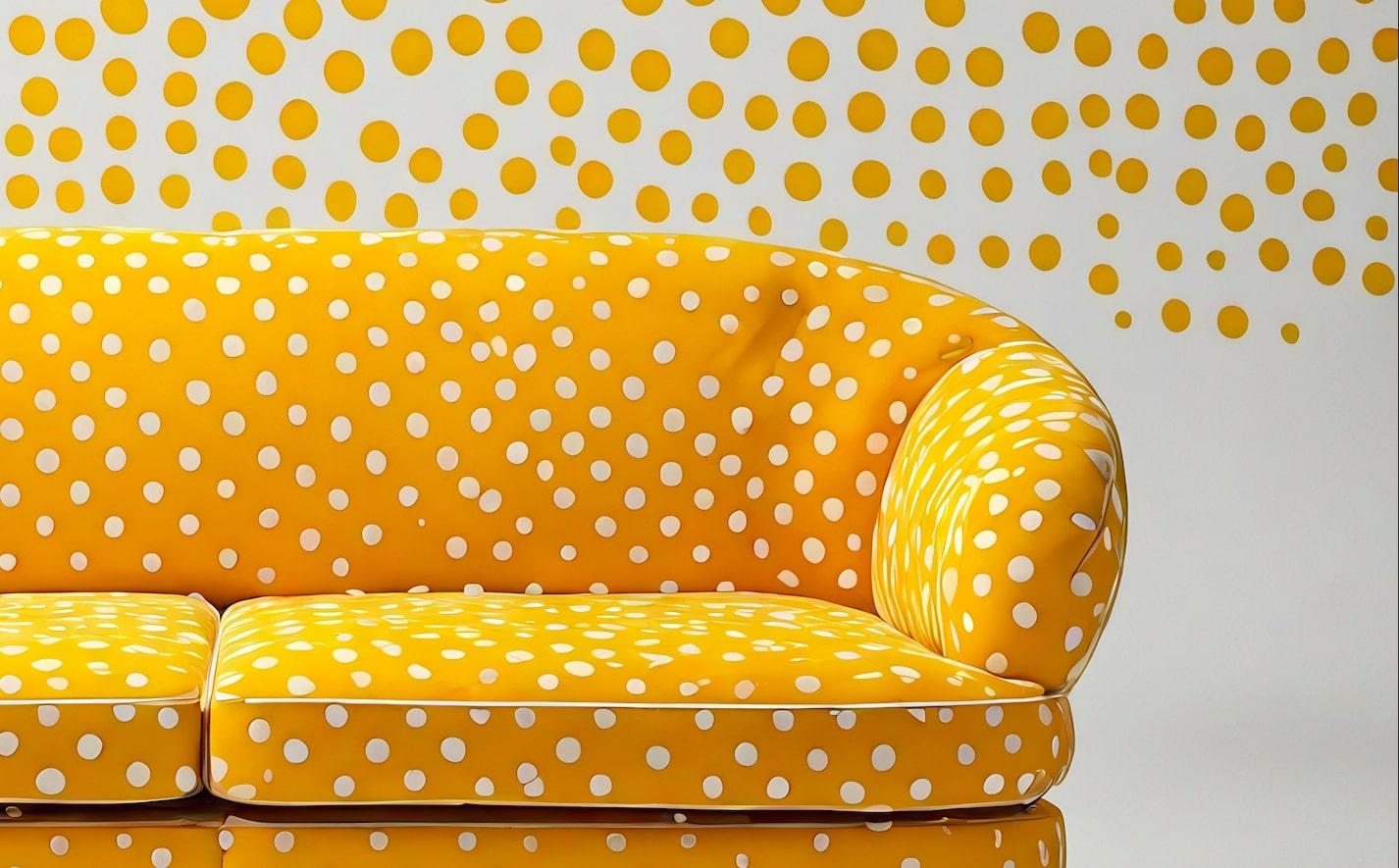 Hand-Crafted Artisanal Mustard Yellow Polkadot 3 Seater Sofa For Sale