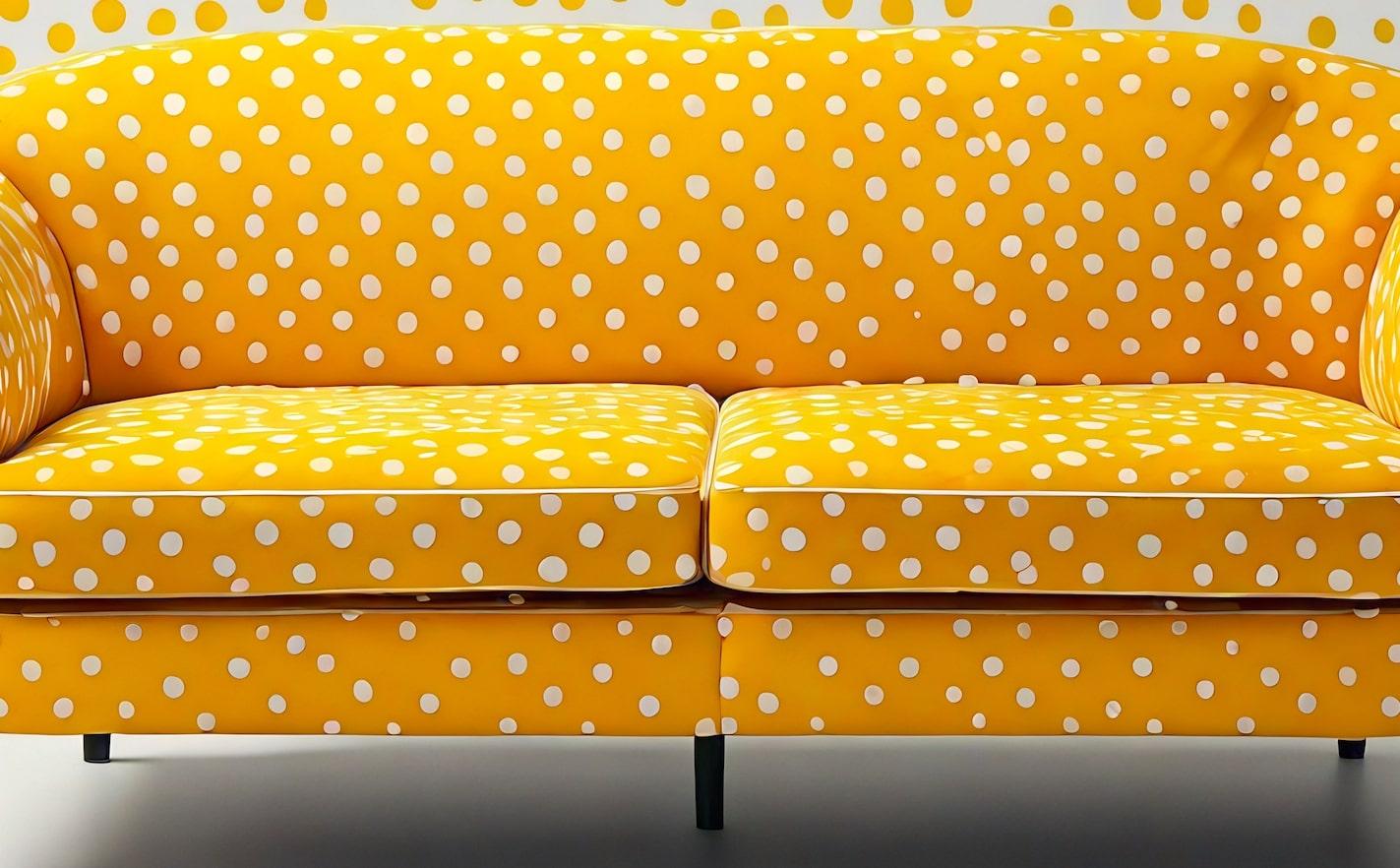 Contemporary Artisanal Mustard Yellow Polkadot 3 Seater Sofa For Sale