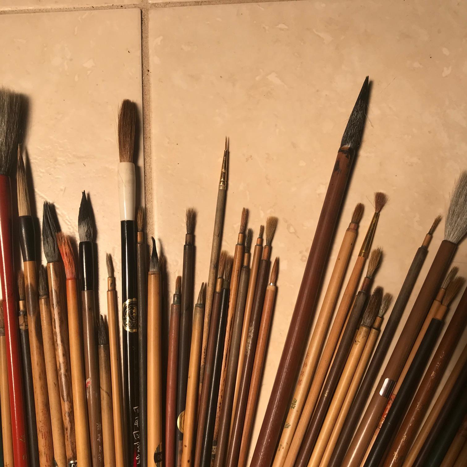 20th Century Artisan's Cache 75 Old Chinese and Japanese Paint Calligraphy Bamboo Brushes