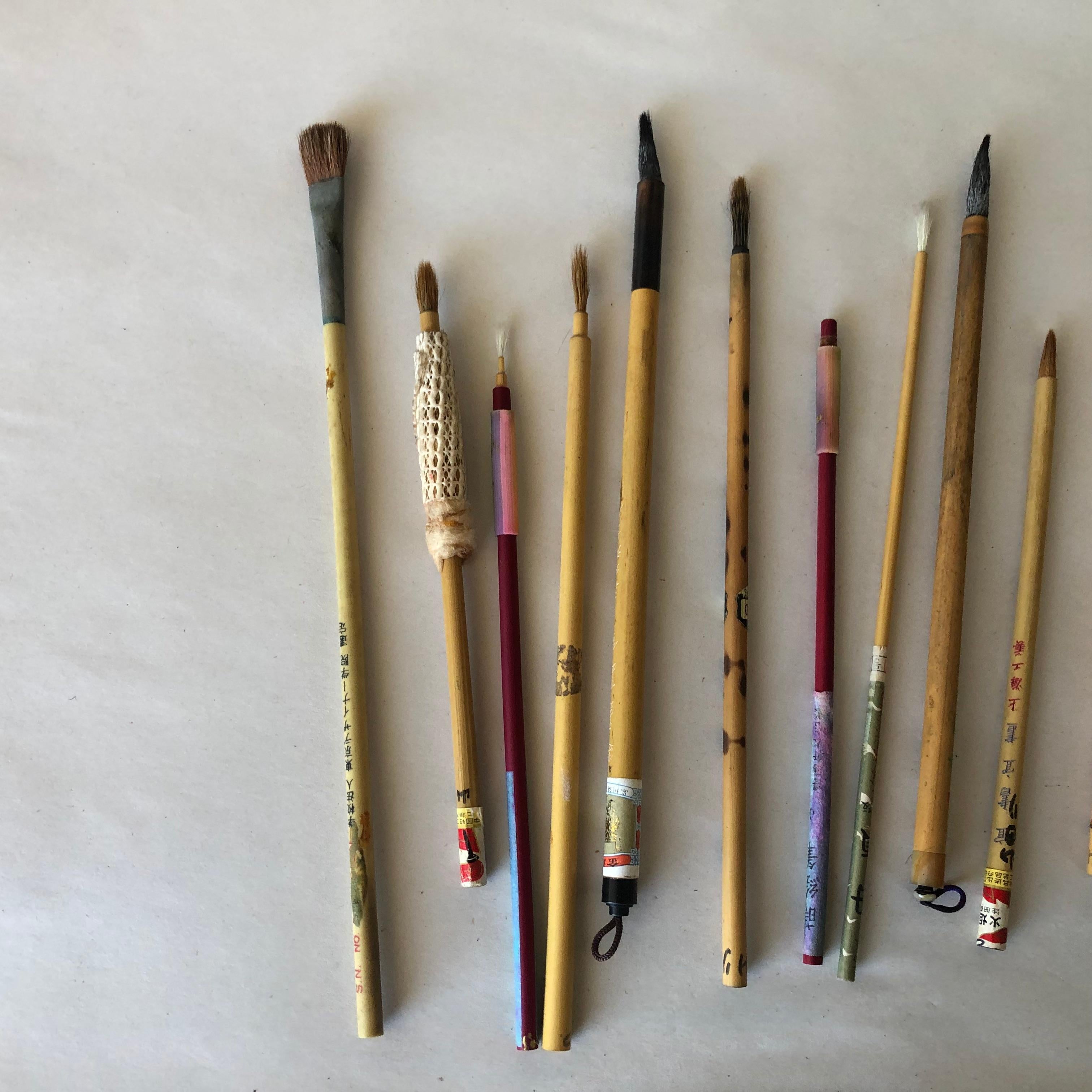 Here's a rare find from a collector we visited in Japan. A very unusual treasure from Japan, #3 

This is a cache of old Chinese and Japanese bamboo paint and calligraphy artist brushes dating back to the 1930s. The bundle includes new and used