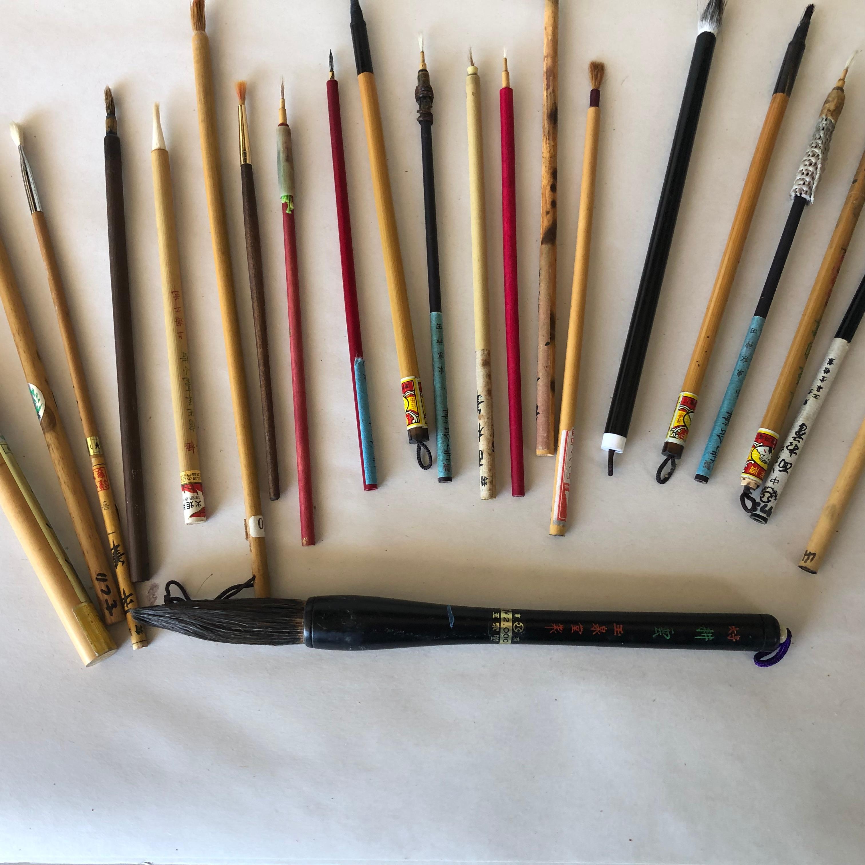 20th Century Artisan's Cache of 20 Old Chinese Paint Calligraphy Bamboo Brushes